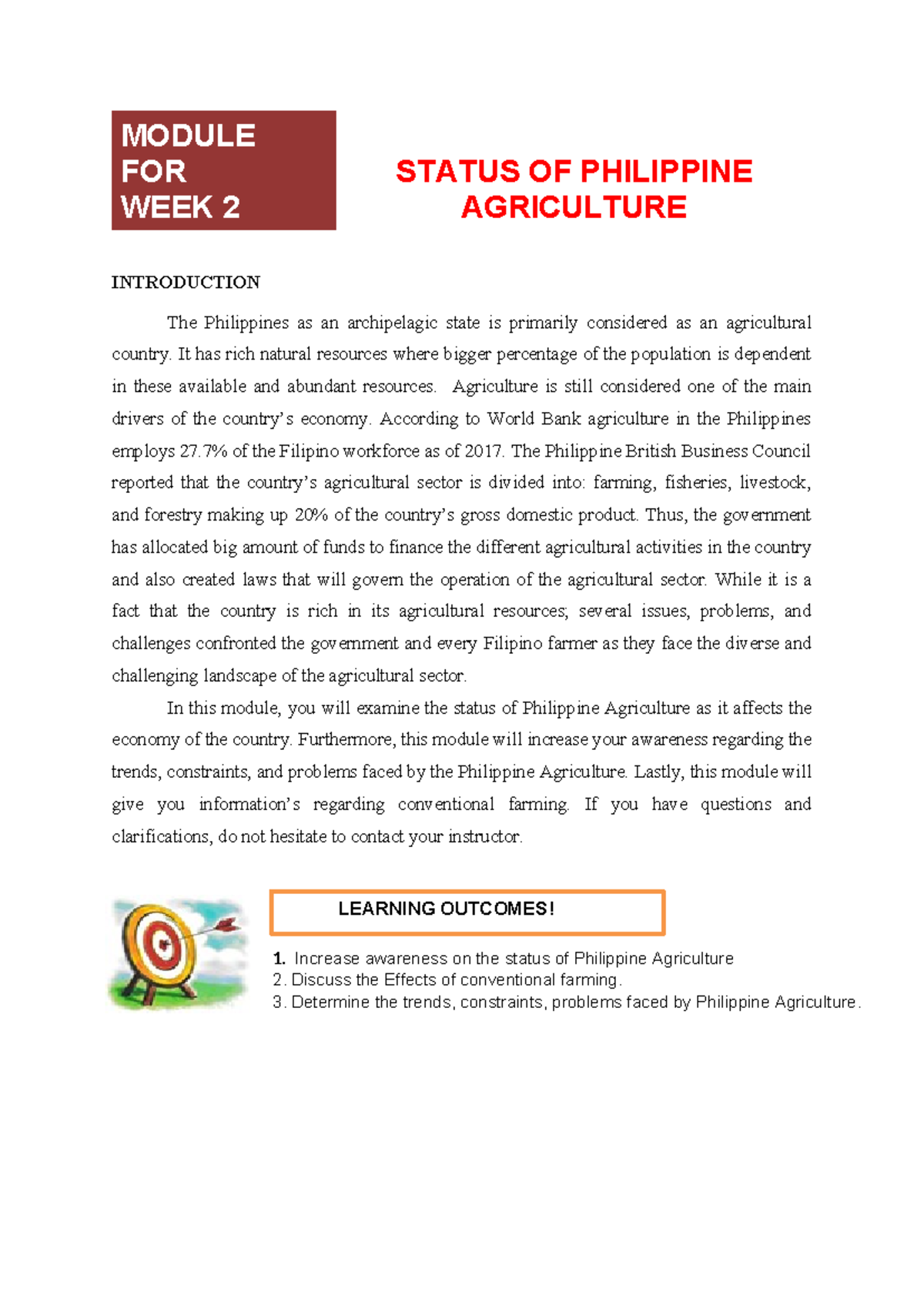 Agri 1 Module week 2 - MODULE FOR WEEK 2 STATUS OF PHILIPPINE ...