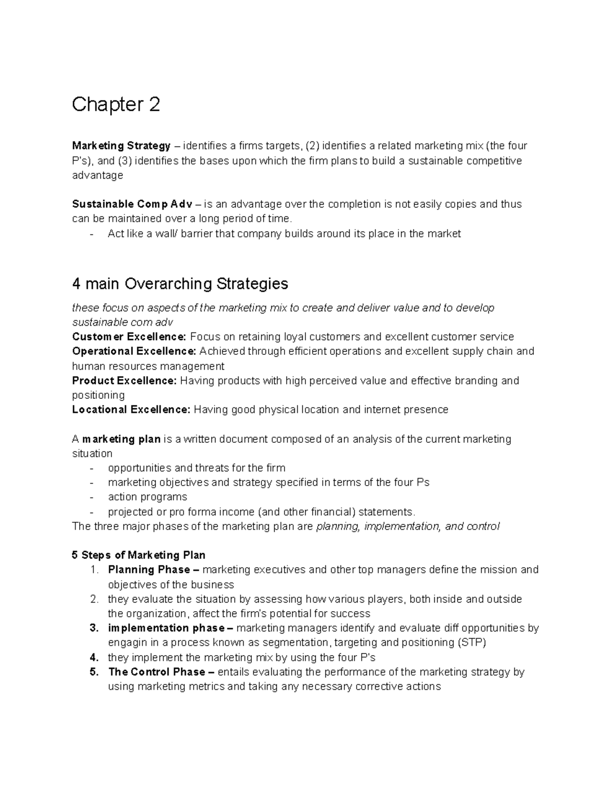 Chapter 2 Notes - Chapter 2 Marketing Strategy – identifies a firms ...
