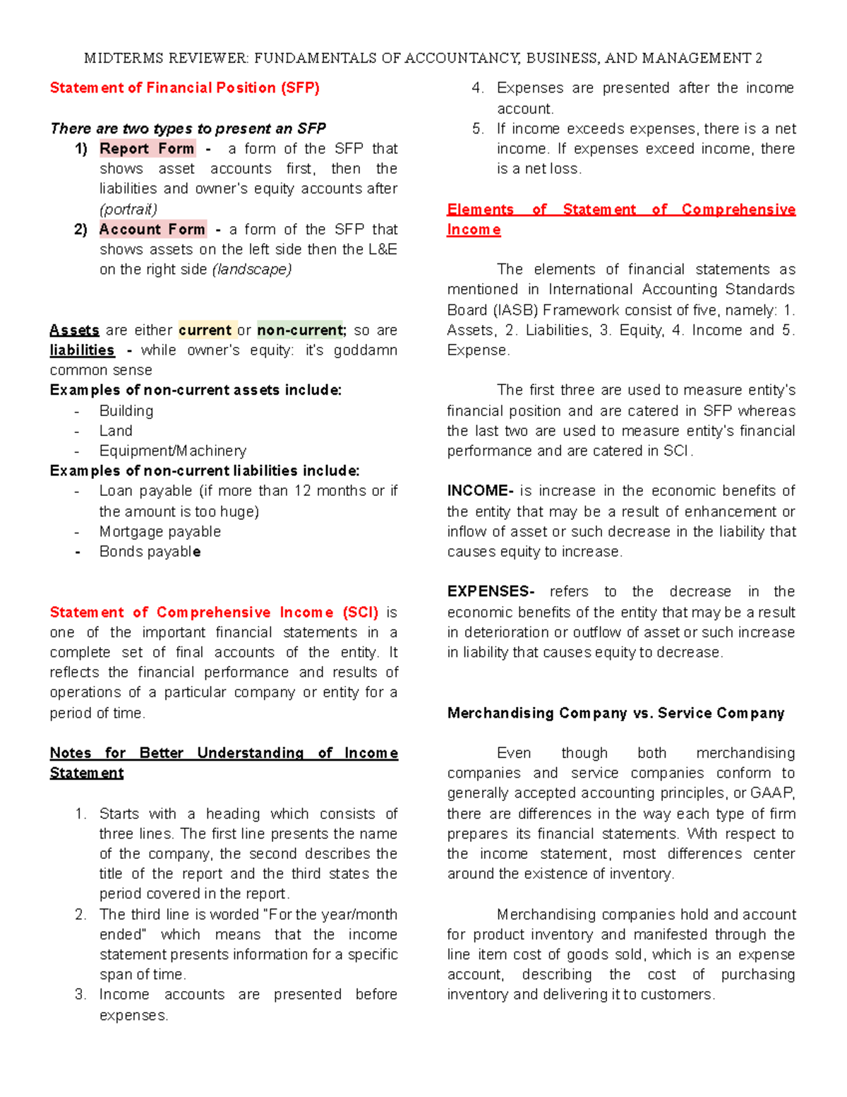 FABM 2 Midterms Reviewer Barreda - Statement of Financial Position (SFP ...