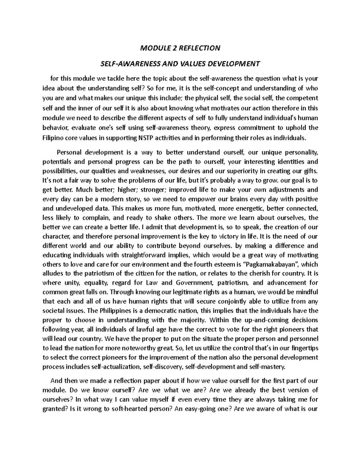 Module 2 Reflection THE NATIONAL TRAINING PROGRAM - MODULE 2 REFLECTION ...