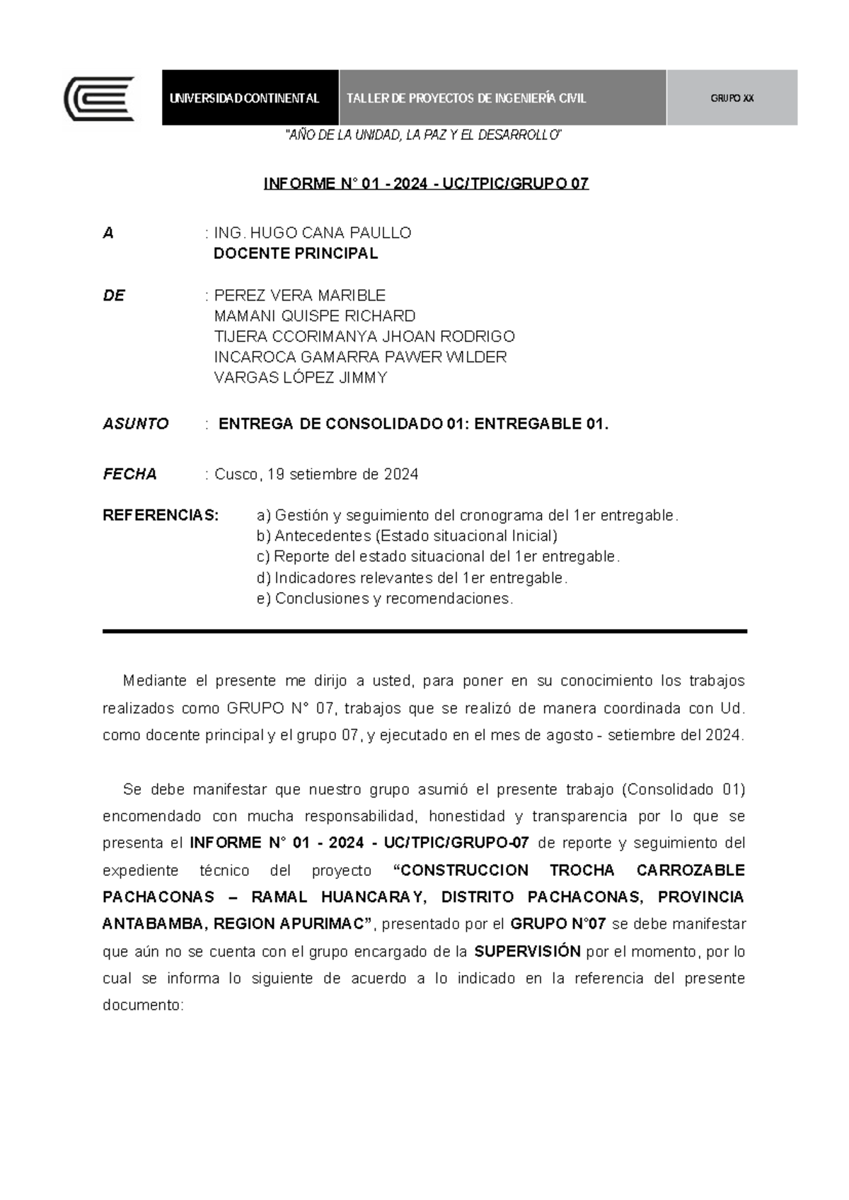 Contenido A Entregar DEL Informe 01 - Grupo 07 (1 - “AÑO DE LA UNIDAD ...