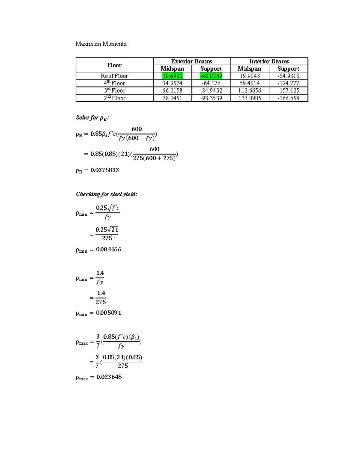 Moment- Calculation - Maximum Moments: Solve for 𝝆 𝑩 : ρ ୆ = 0𝛽 ଵ 𝑓′𝑐 ...
