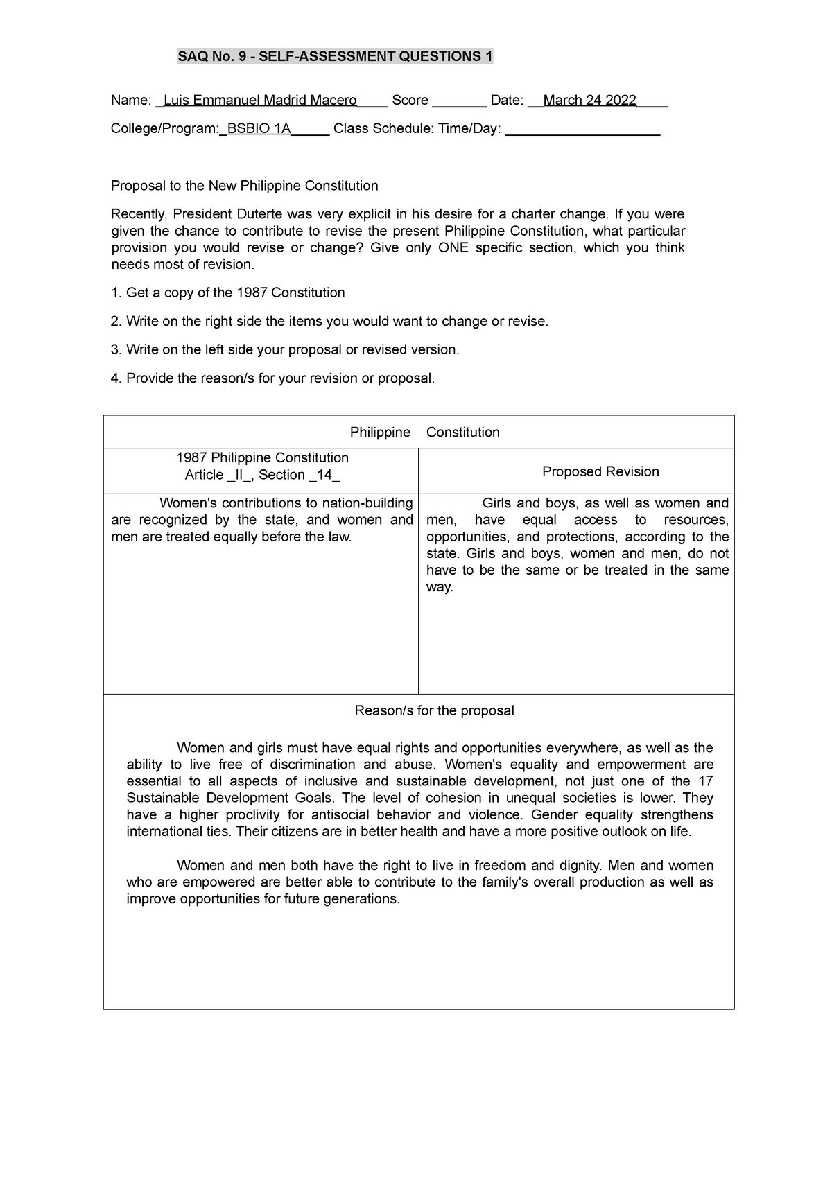 SAQ 9 - SAQ No. 9 - SELF-ASSESSMENT QUESTIONS 1 Name: Luis Emmanuel ...