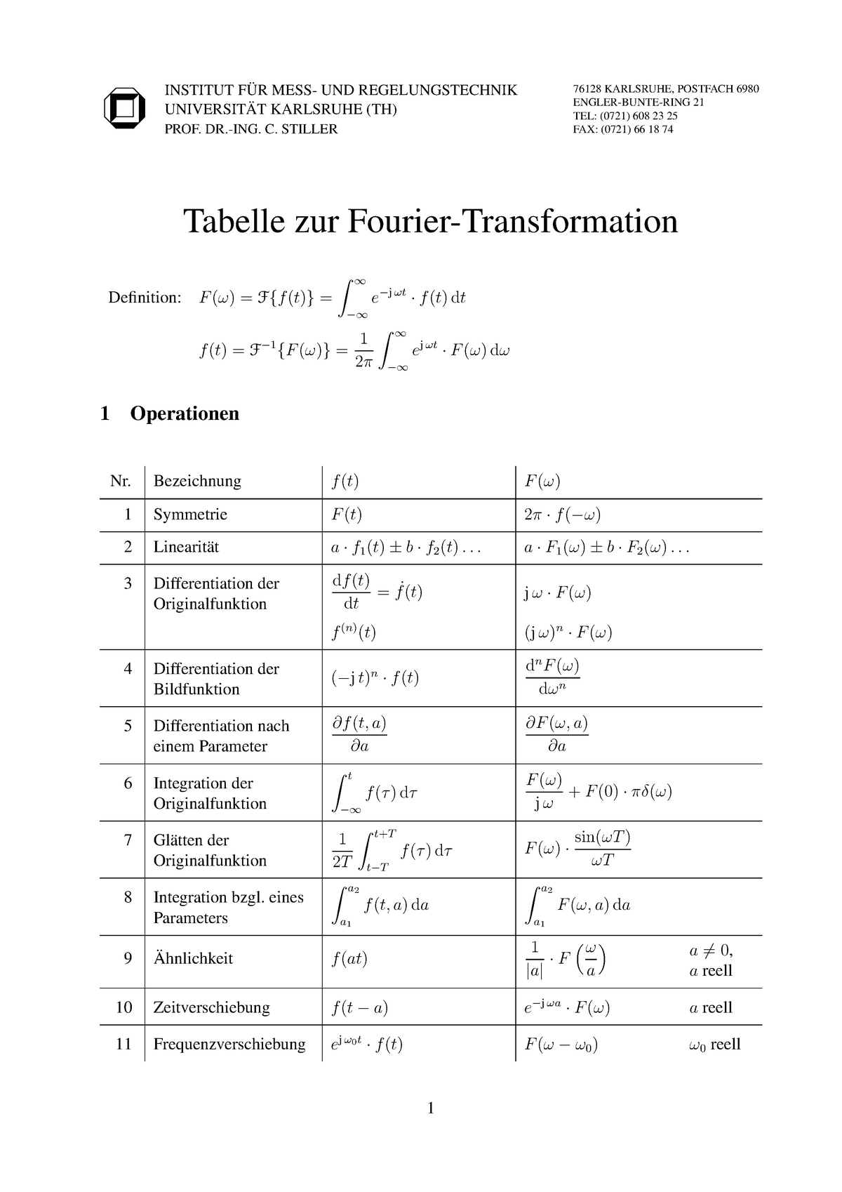 Tabelle Fourier Transformation - UND REGELUNGSTECHNIK INSTITUT FUR  UNIVERSITAT KARLSRUHE (TH) 76128 - Studocu