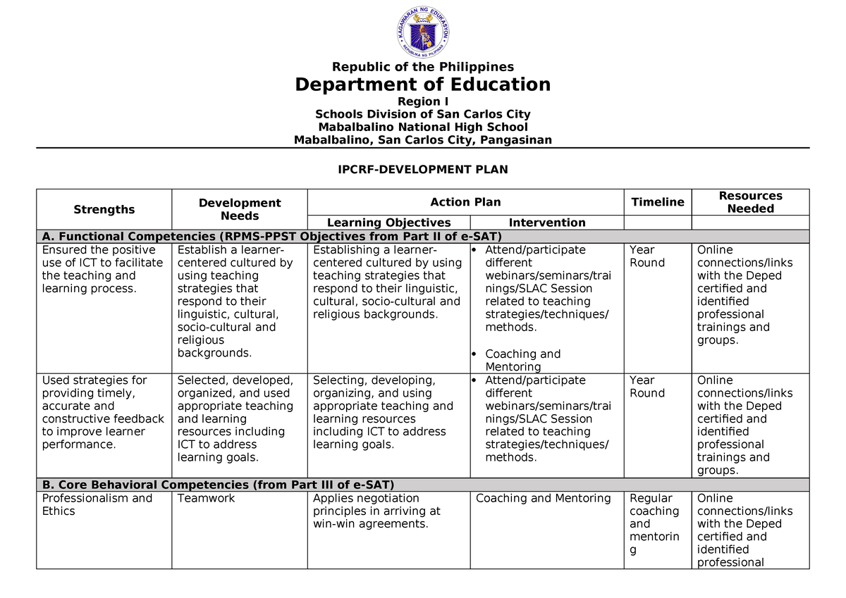 Individual Development Plan - Republic of the Philippines Department of ...