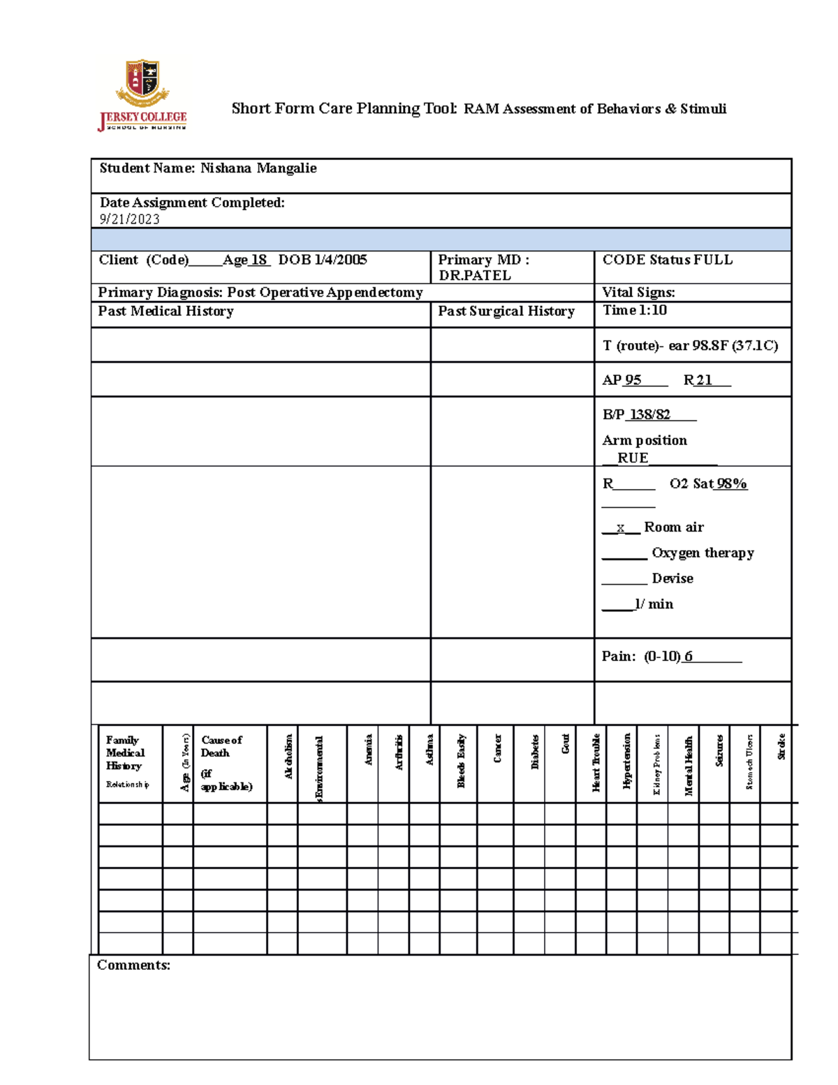 Sara lin - great review - Short Form Care Planning Tool: RAM Assessment ...