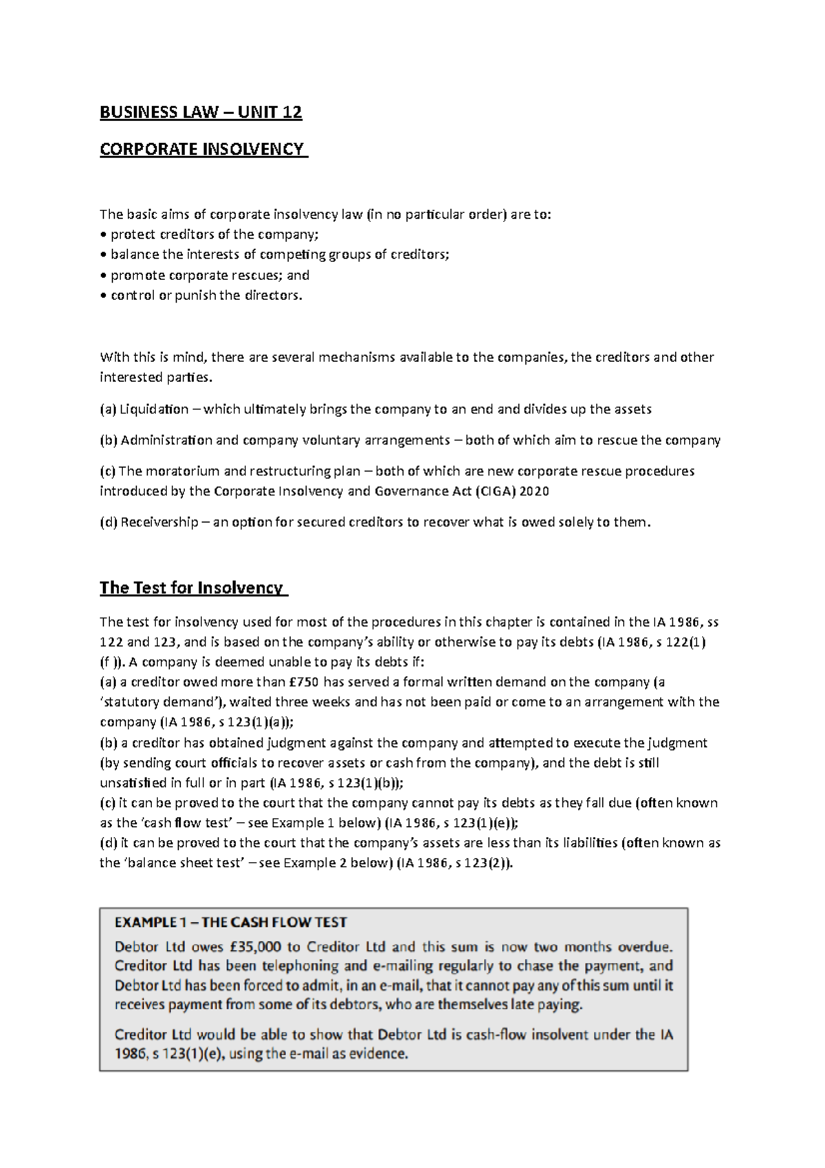 Unit 12 - Corporate Insolvency Notes - BUSINESS LAW – UNIT 12 CORPORATE ...