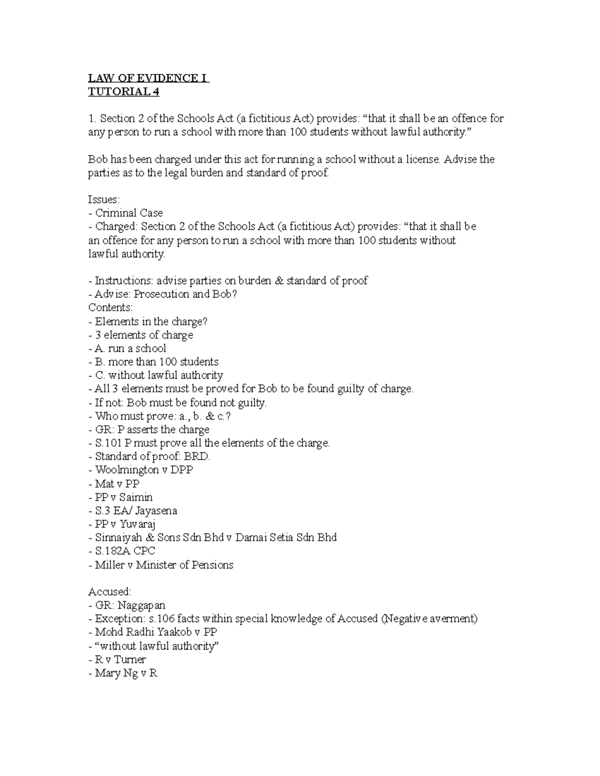 BLV 4014 - questions tutorial - LAW OF EVIDENCE I TUTORIAL 4 Section 2 ...