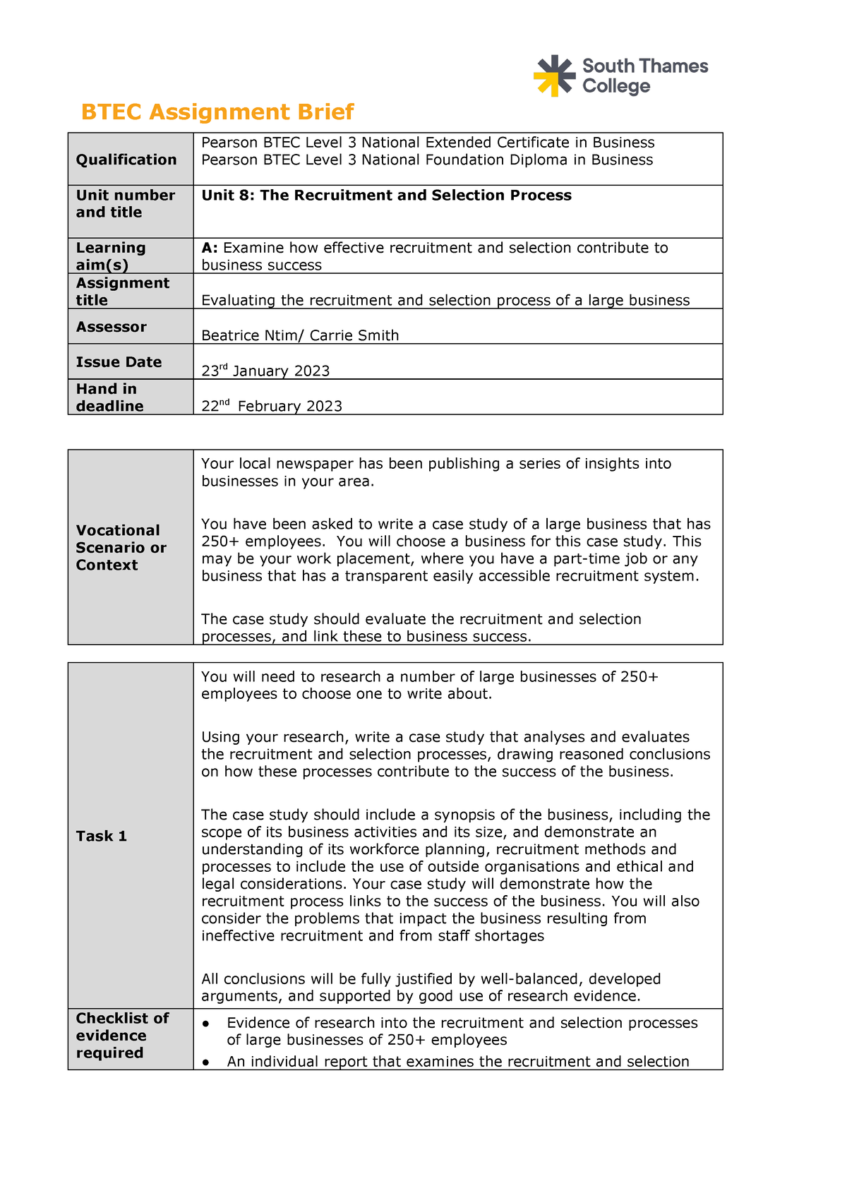 unit 8 recruitment and selection assignment 1