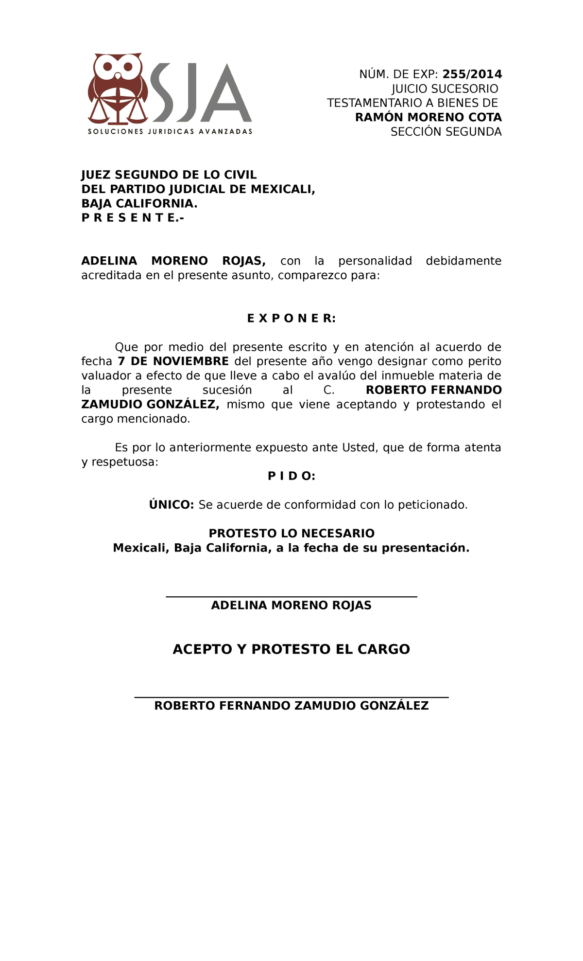 Acepta Y Protesta Cargo Perito Juicio Sucesorio Testamentario A