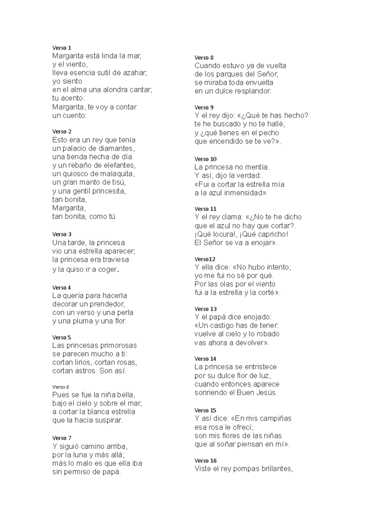 Poema de ruben dario Verso 1 Margarita está linda la mar, y el viento