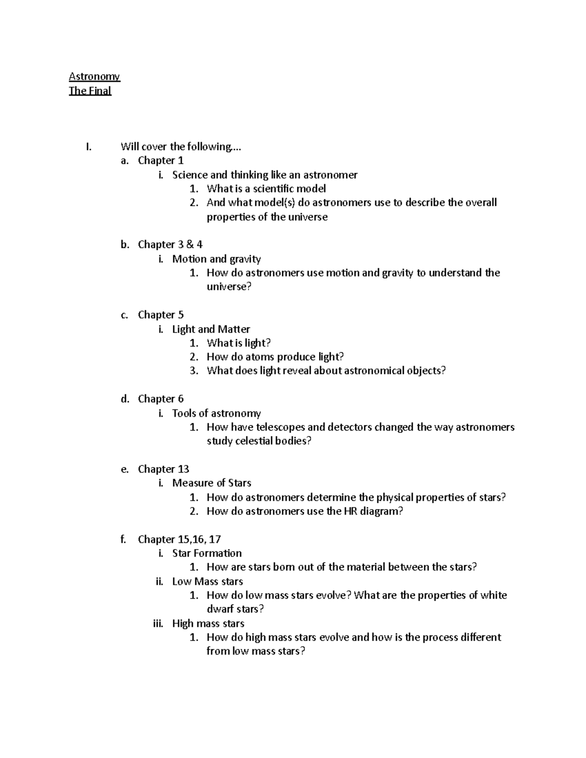 Astronomy Final Prep - Chapter Summary - Astronomy The Final I. Will ...