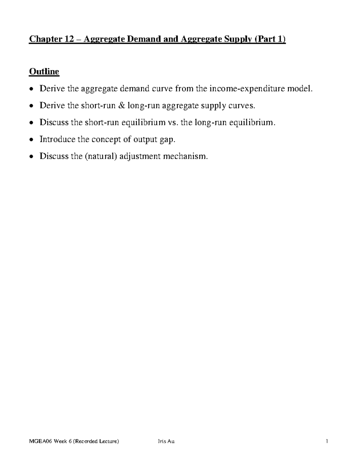 Week 6 - AS-AD Model (Part 1) (Recorded) - Chapter 12 – Aggregate ...