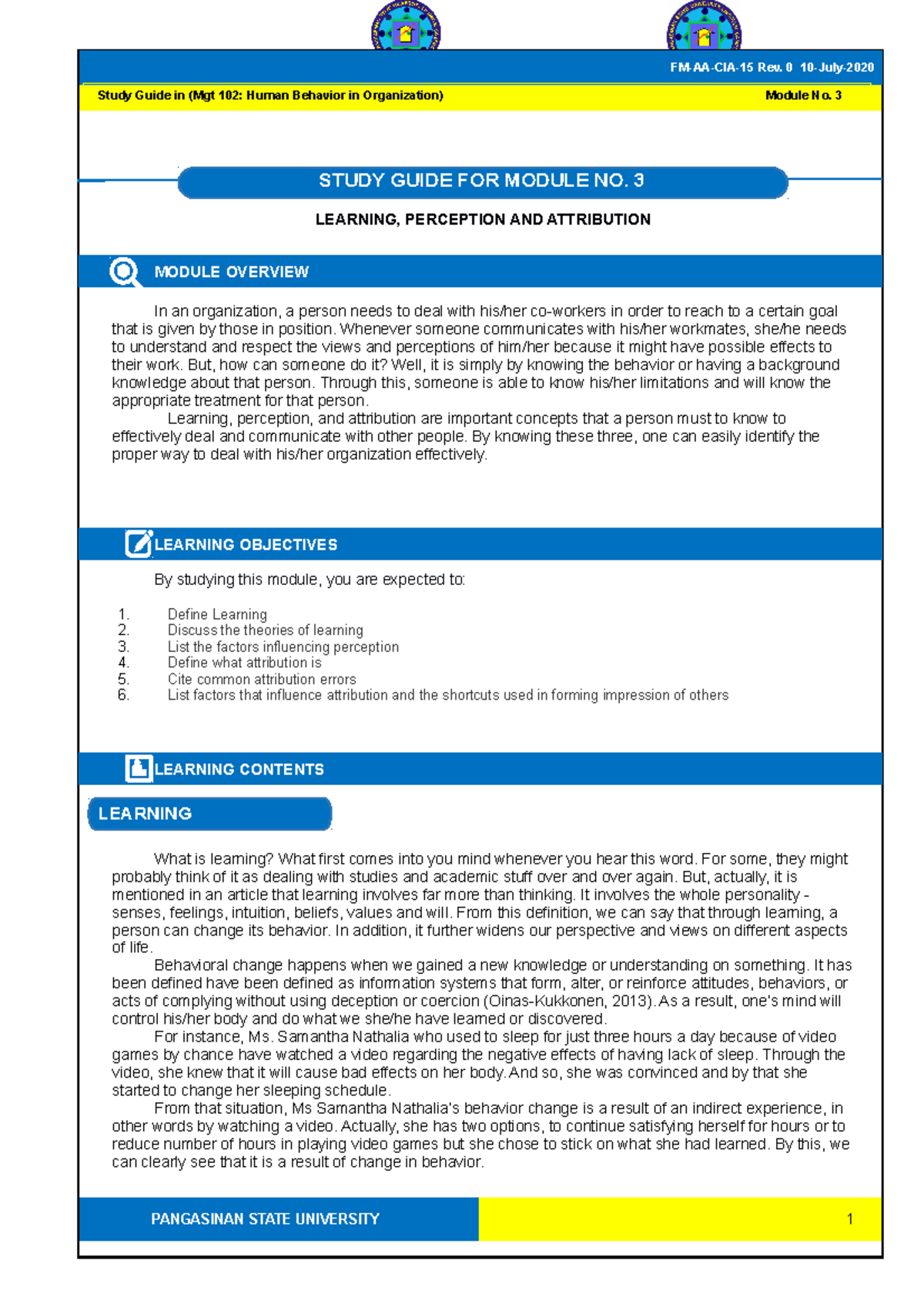 SG3 - ... - LEARNING, PERCEPTION AND ATTRIBUTION MODULE OVERVIEW In an ...