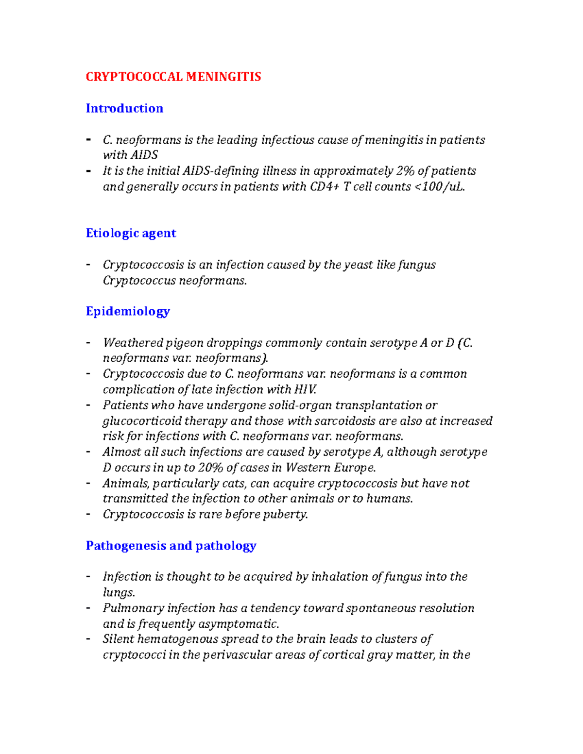Cryptococcal Meningitis Medical Physiology UoN Studocu
