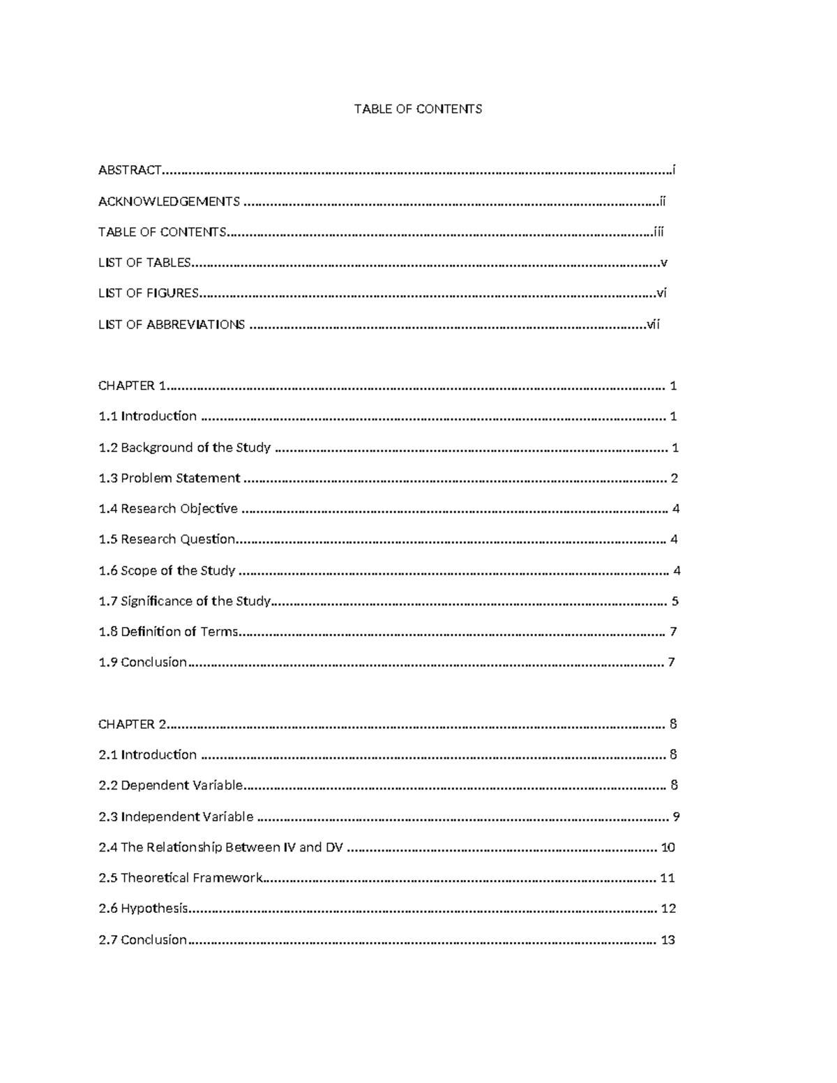 Final Report format - TABLE OF CONTENTS - Studocu