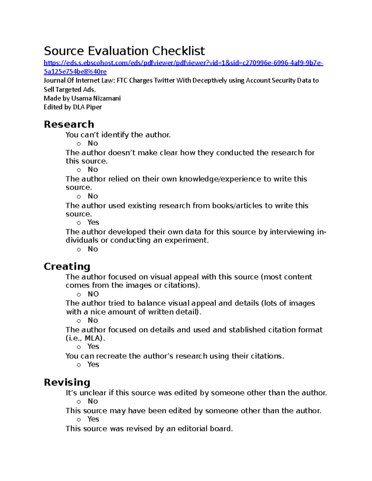 Source Evaluation Checklist - - Studocu