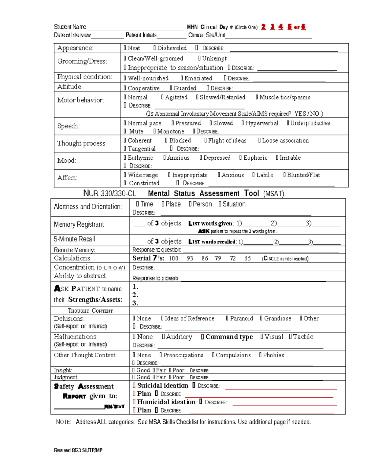NUR330CL MSA Mental Status Assessment Tool - Student Name