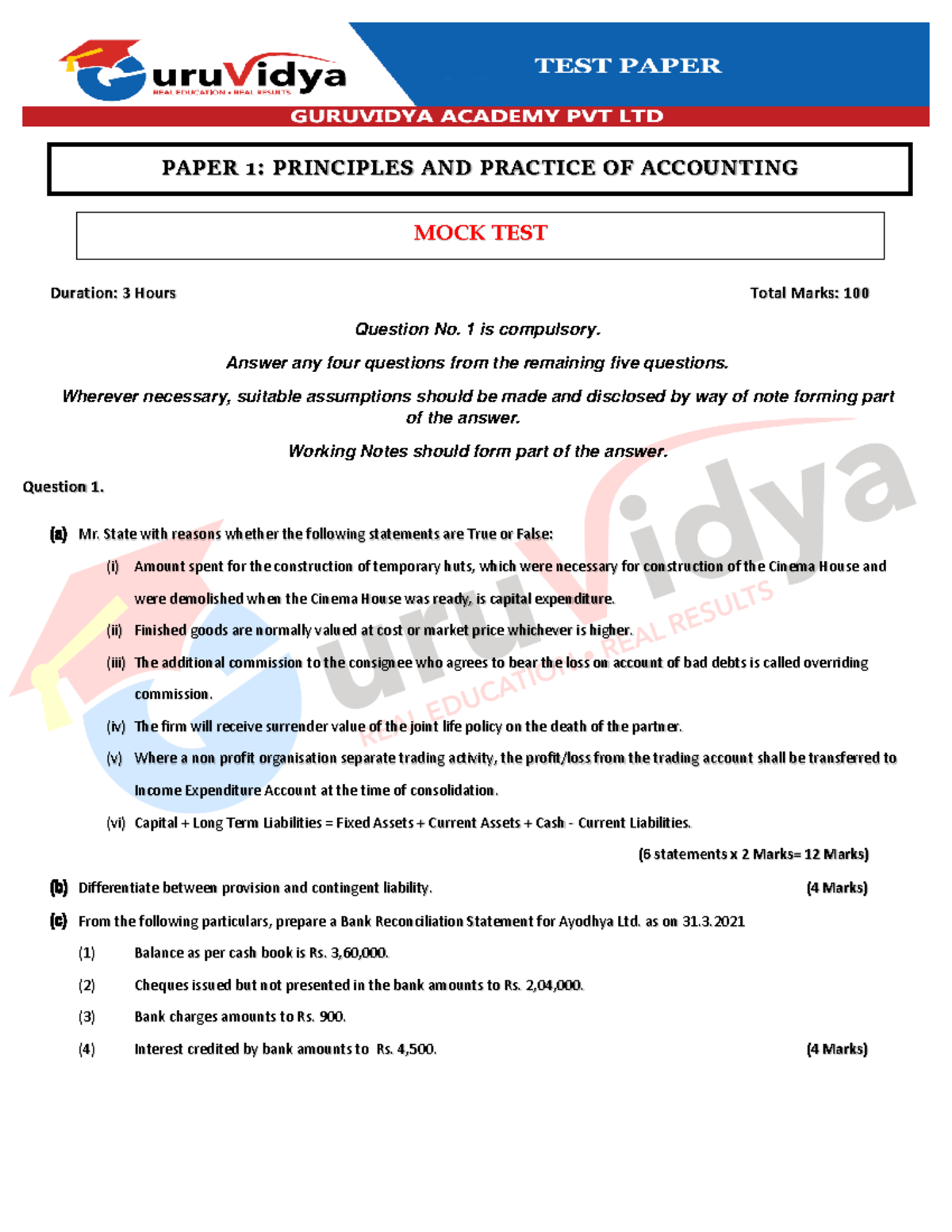 Accounts Mock Test ca foundation mock test Duration 3 Hours