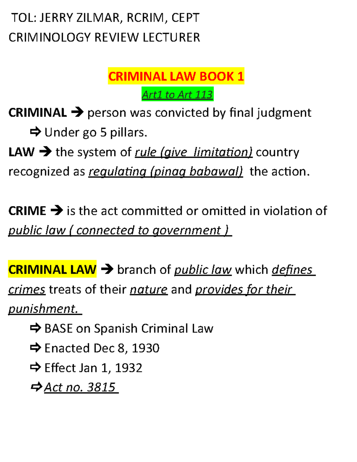 Criminal-law-2023 - Reviewer - TOL: JERRY ZILMAR, RCRIM, CEPT ...