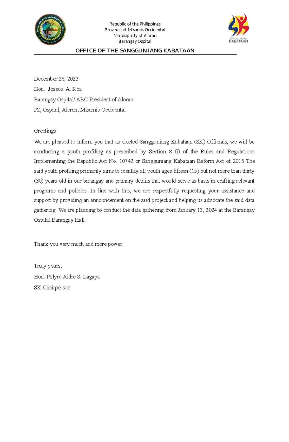 KK-letters-1 - Letter - Republic of the Philippines Province of Misamis ...