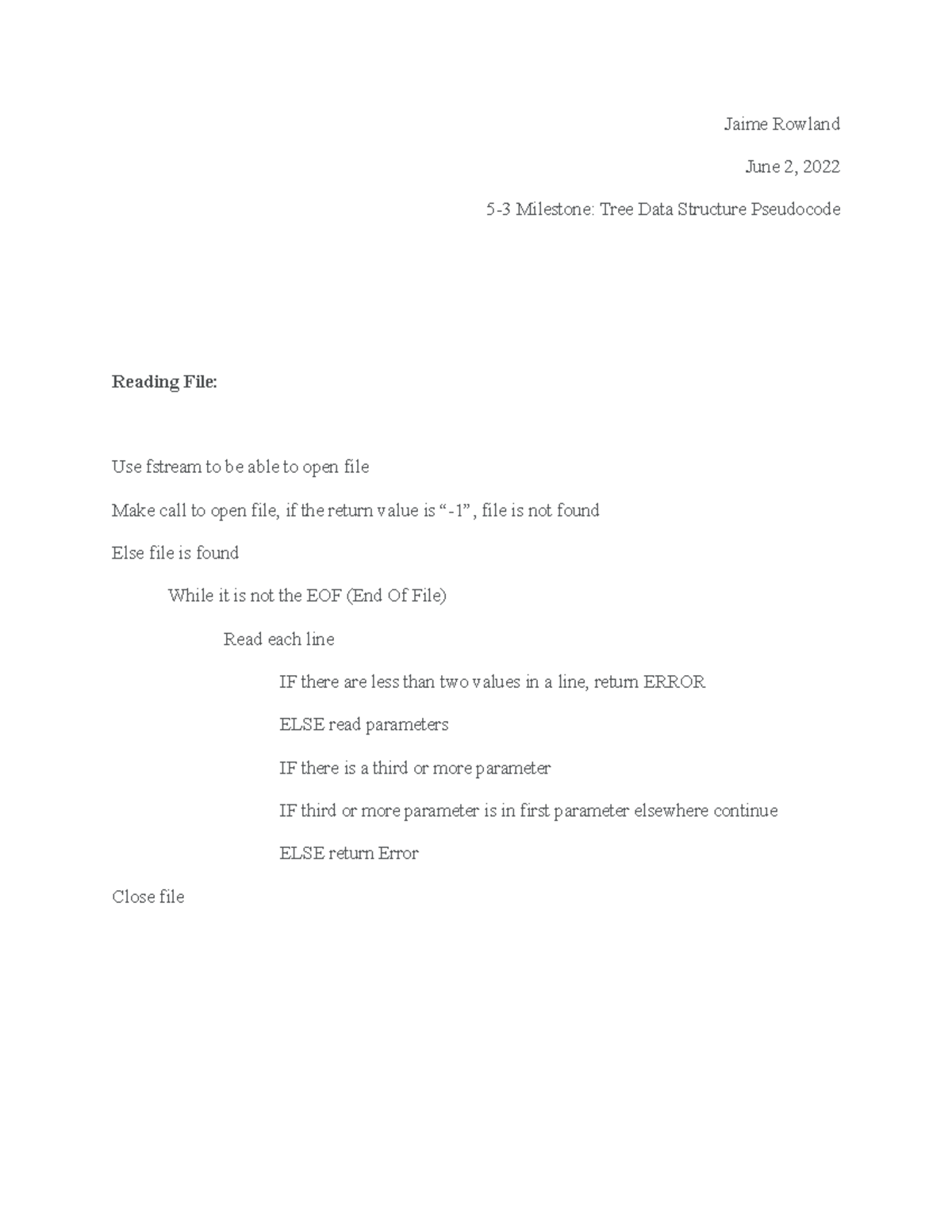 CS 300 53 Milestone Tree Data Structure Pseudocode Jaime Rowland