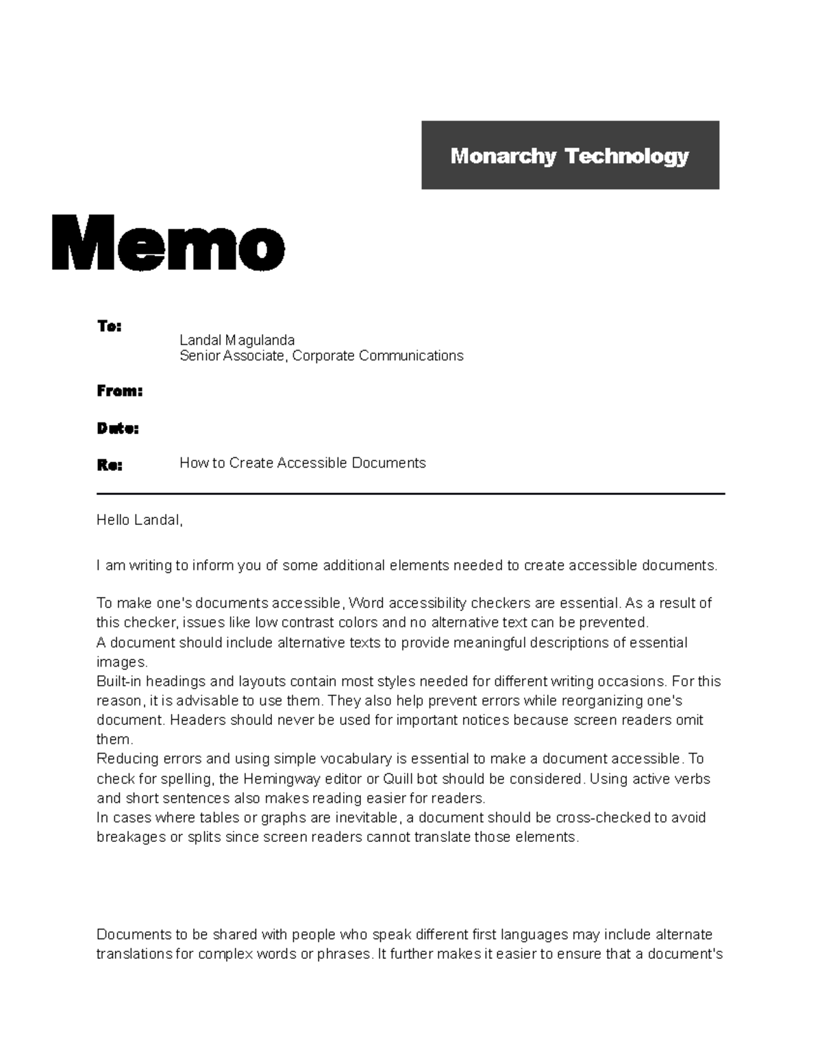 Internal memo Monarchy - Monarchy Technology Memo To: Landal Magulanda ...