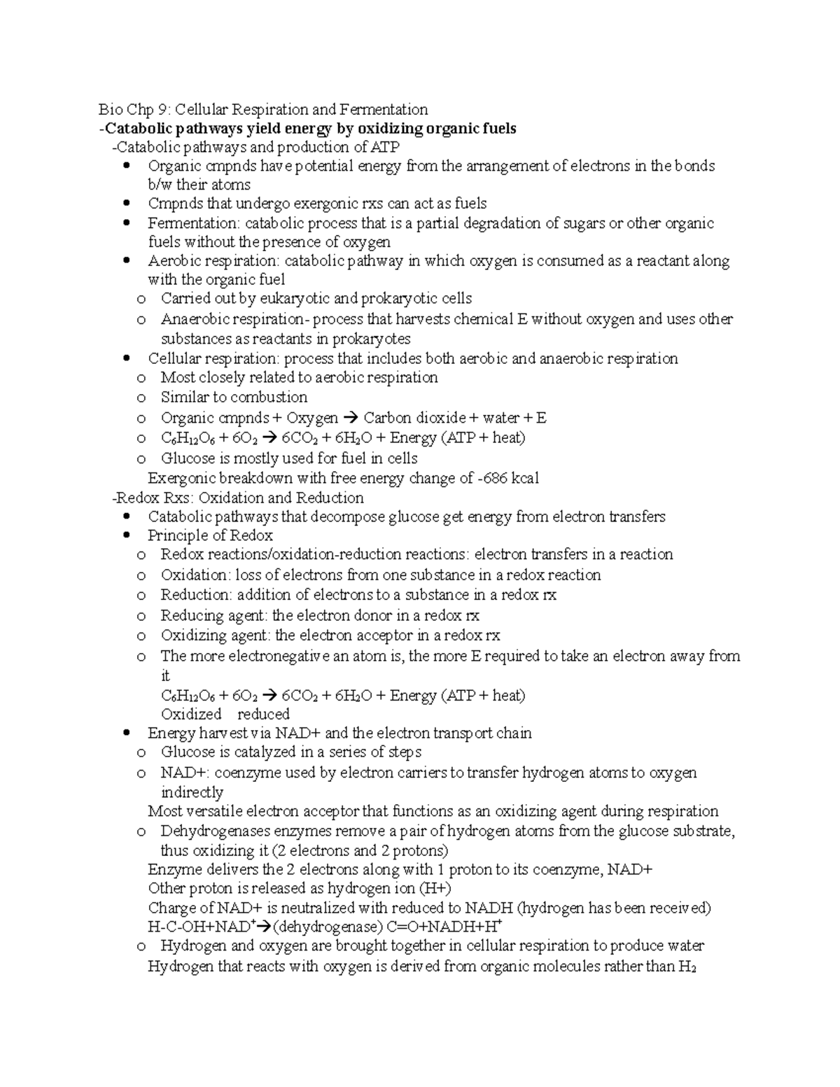 Summary Campbell Biology Chapter 9 - NSU - StuDocu