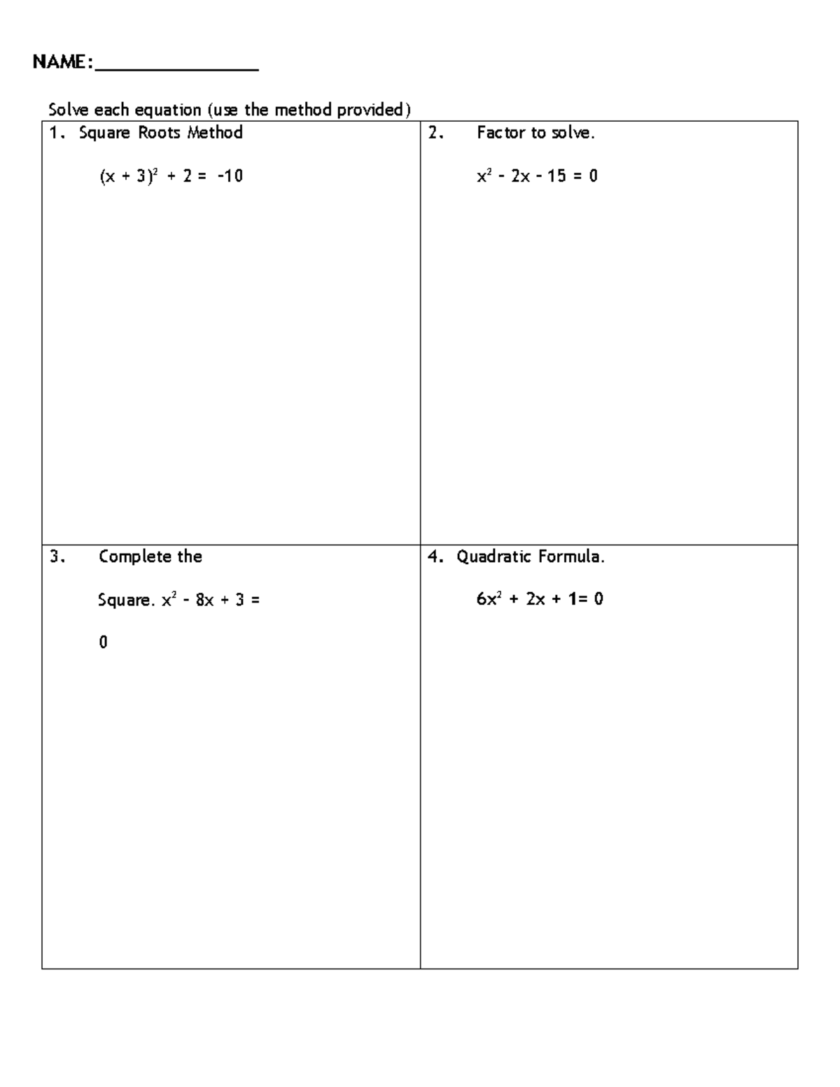 16 Quiz Review Quadratic Equations - NAME: ####### Solve each equation ...