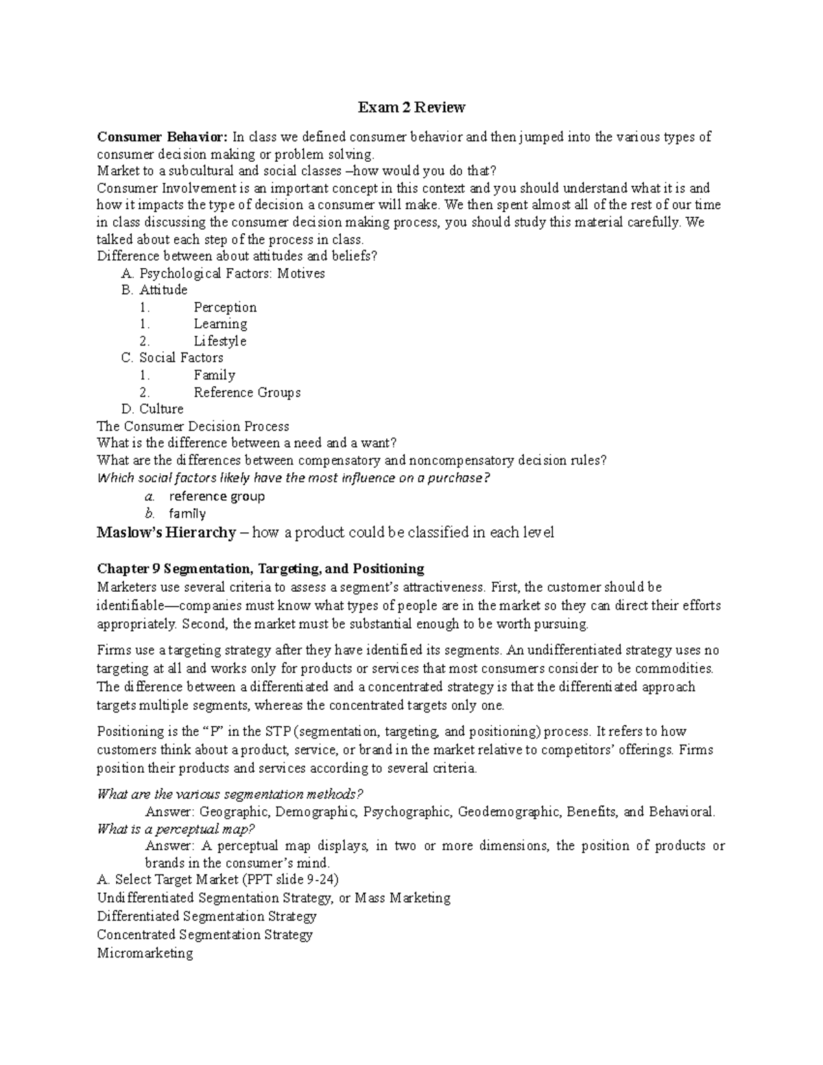 Exam #2 Study Guide - Exam 2 Review Consumer Behavior: In class we ...