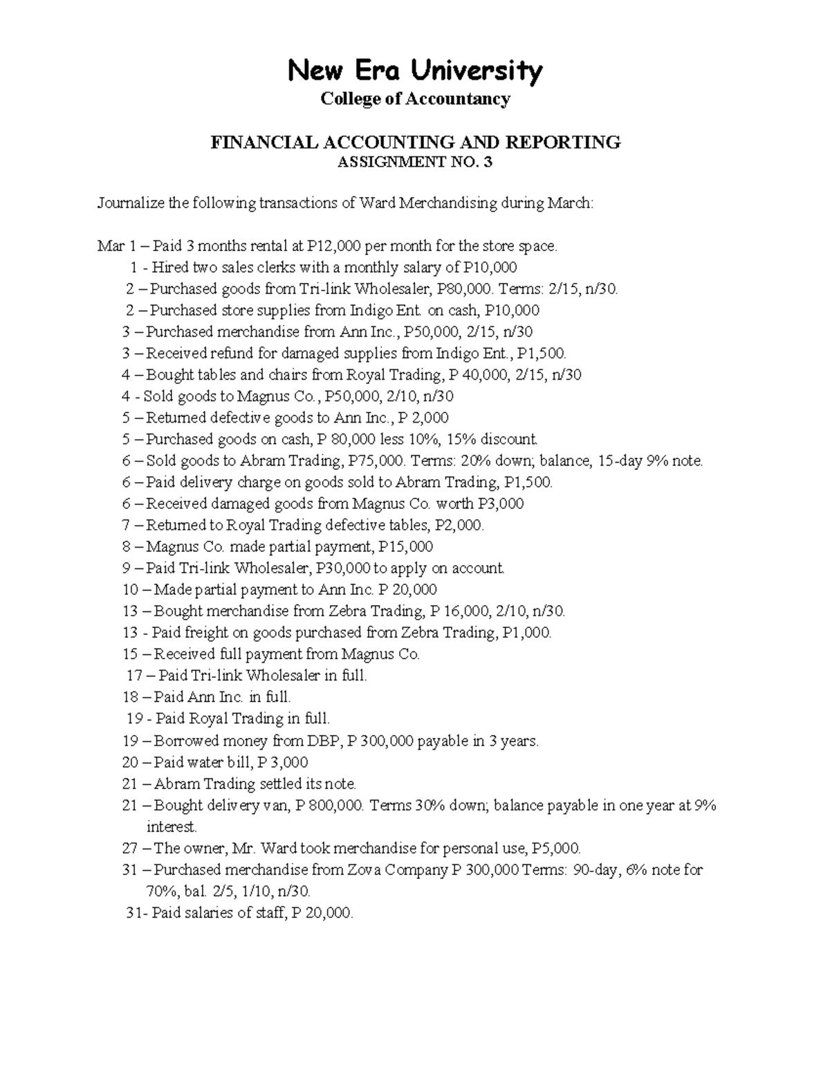 Assignment 3 JE Accounting fundamentals Accountancy Studocu