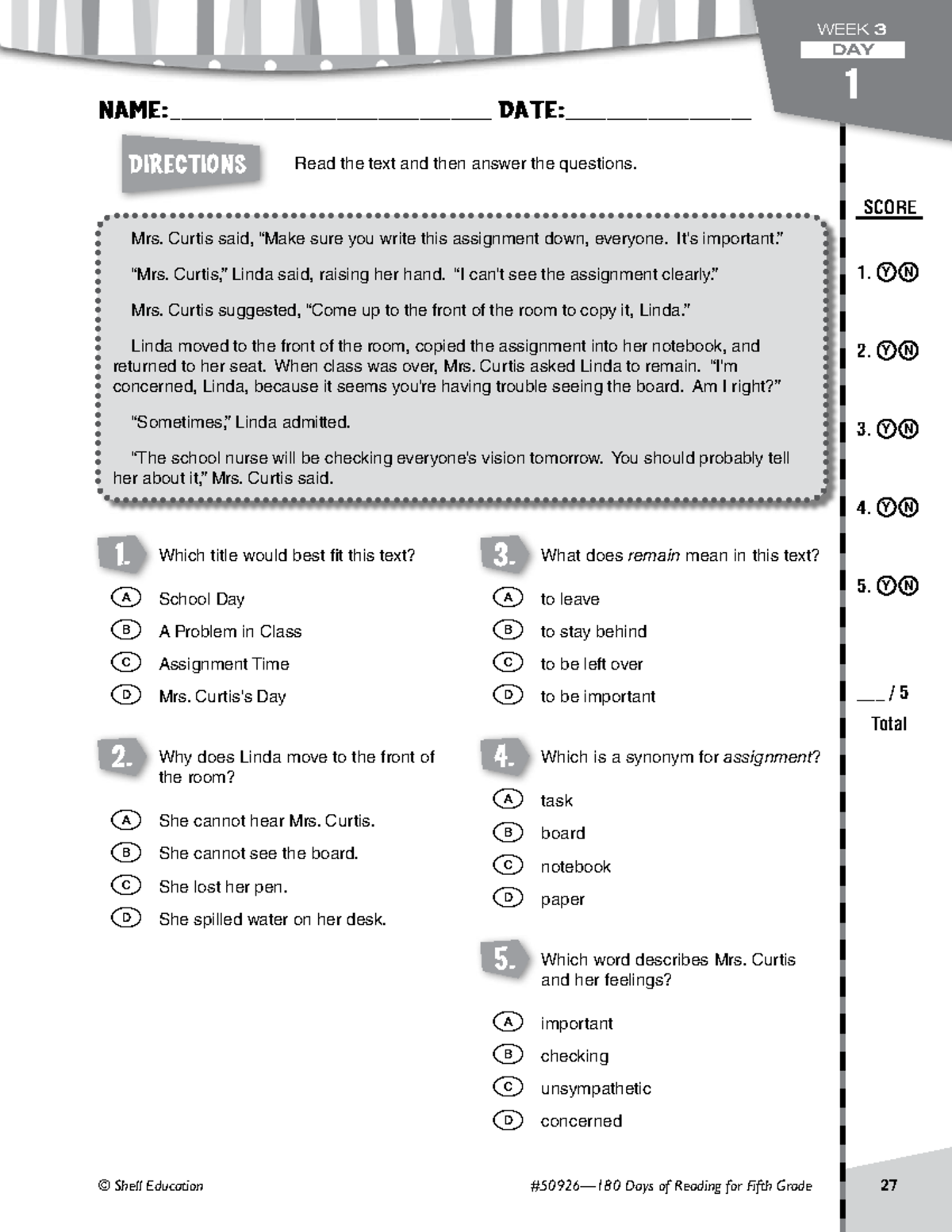 Week3week 1 to week 13 notes - Directions © Shell Education #50926—180 ...