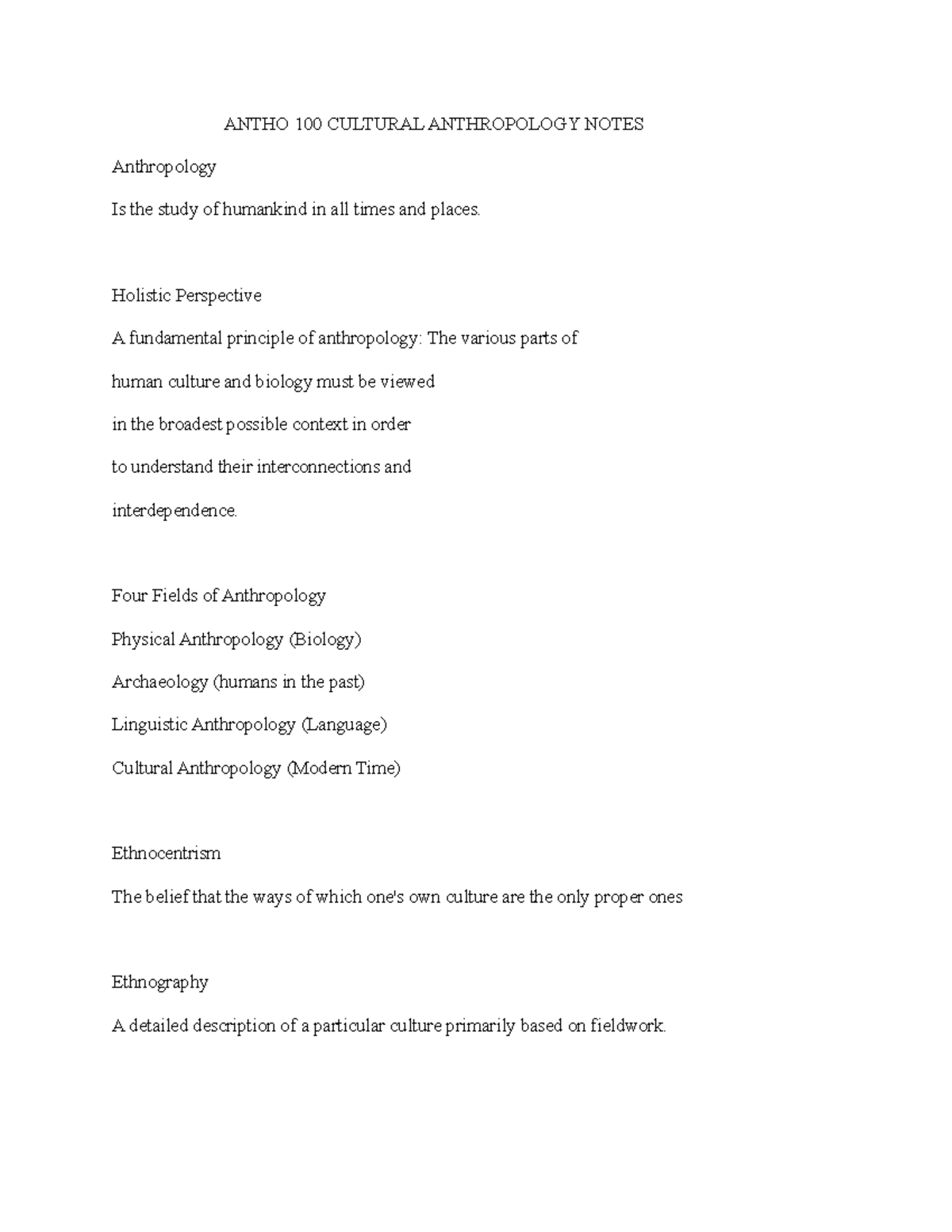 Antho 100 Cultural Anthropology Notes - ANTHO 100 CULTURAL ANTHROPOLOGY ...