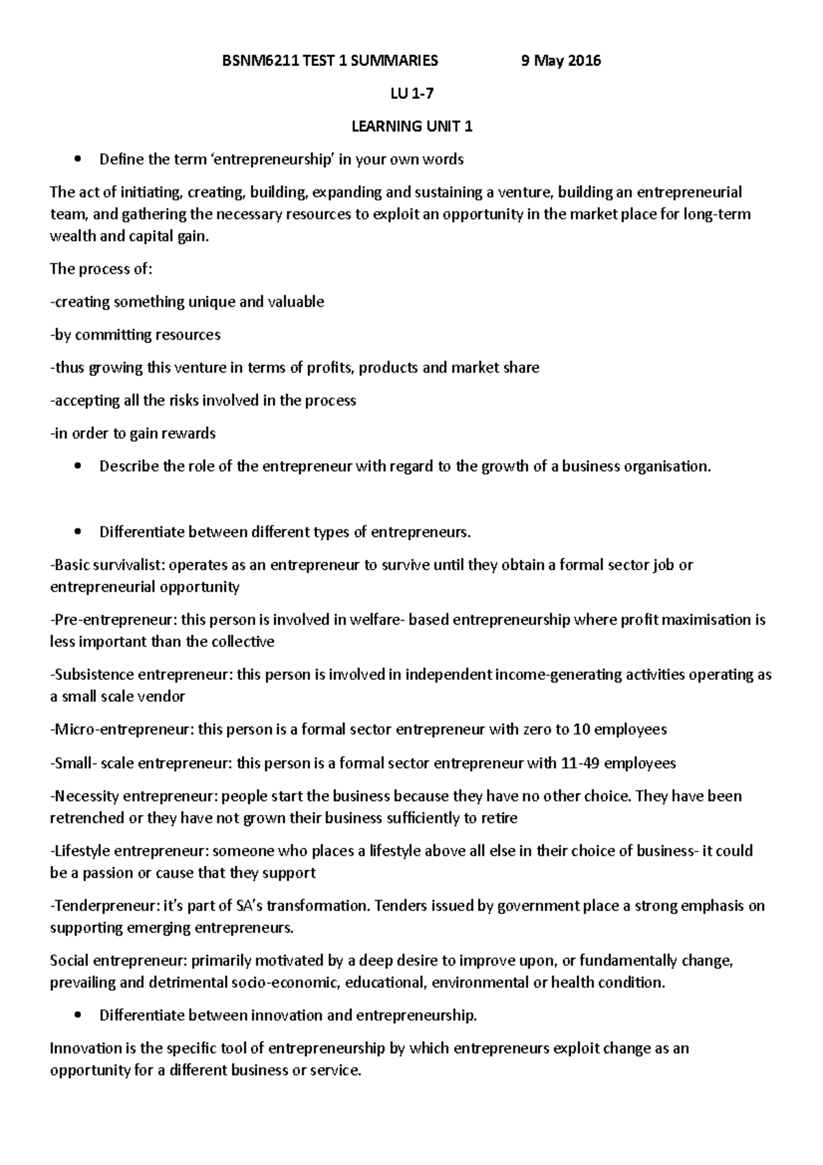 Kelly TEST 1 Summaries - BSNM6211 TEST 1 SUMMARIES 9 May 2016 LU 1 ...