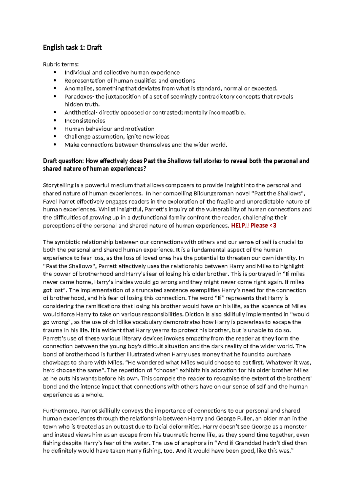 Year 12- Task 1 draft - not sure - English task 1: Draft Rubric terms ...