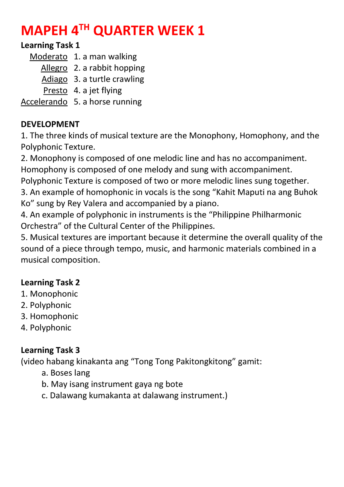 MAPEH QUARTER FOUR WEEK ONE AND TWO ANSWER KEY - MAPEH 4TH QUARTER WEEK ...