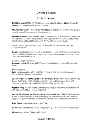 Cinema Society List Of Films Mentoned Cinema Amp Amp Amp Society Lecture 1 Memory Emile Studeersnel