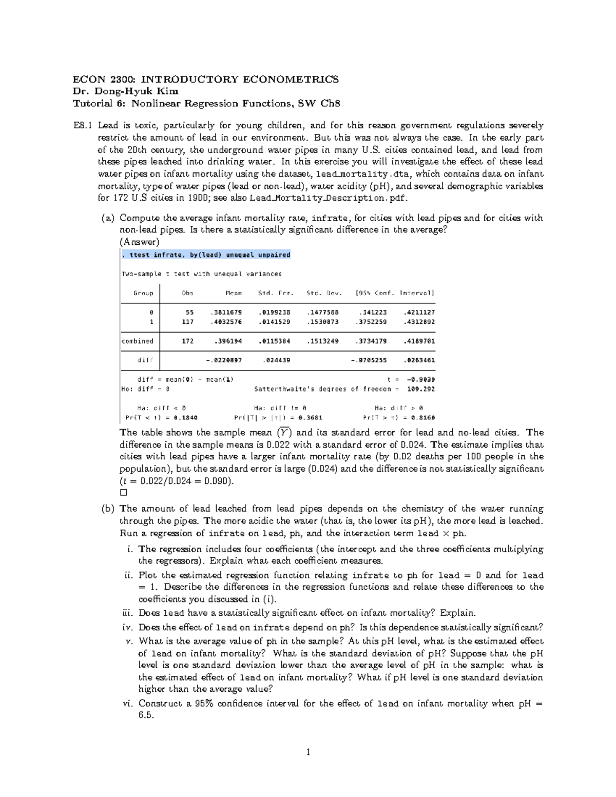 Tutorial 6 Solution Introductory Econometrics ECON2300 - Lecture Notes ...