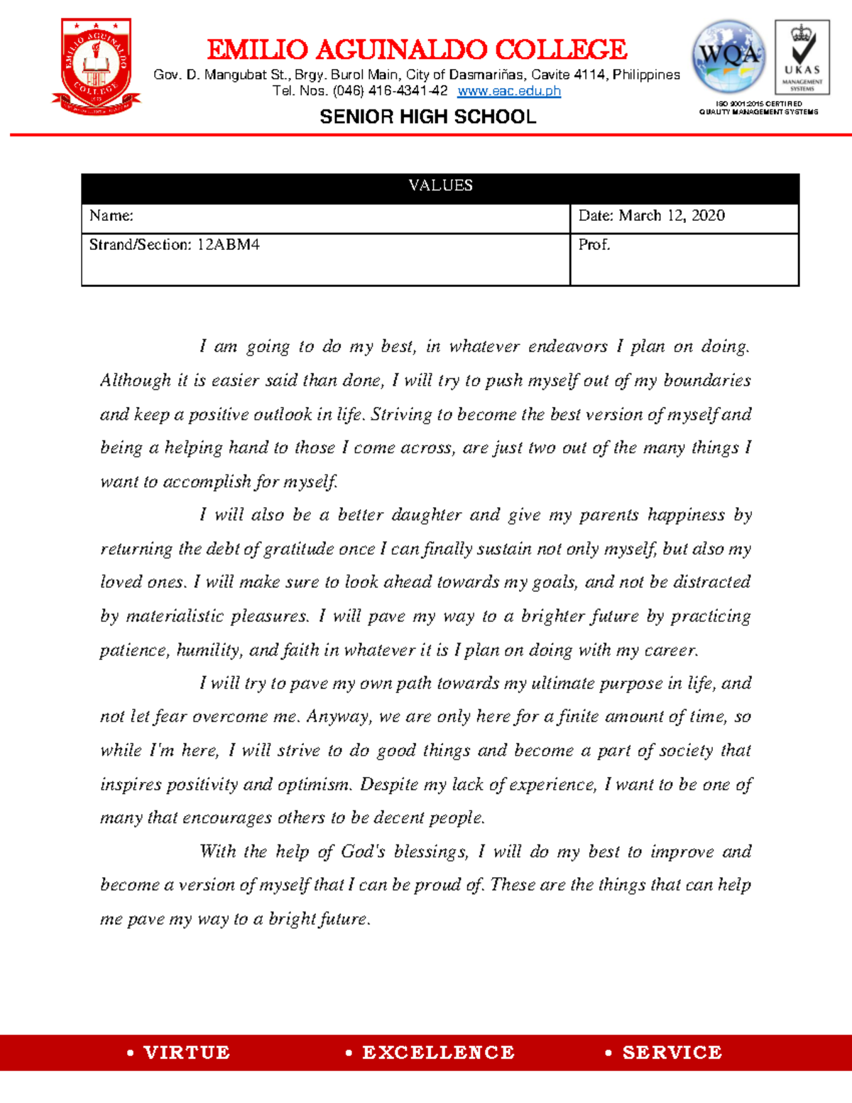 Values - Assignment - EMILIO AGUINALDO COLLEGE Gov. D. Mangubat St ...