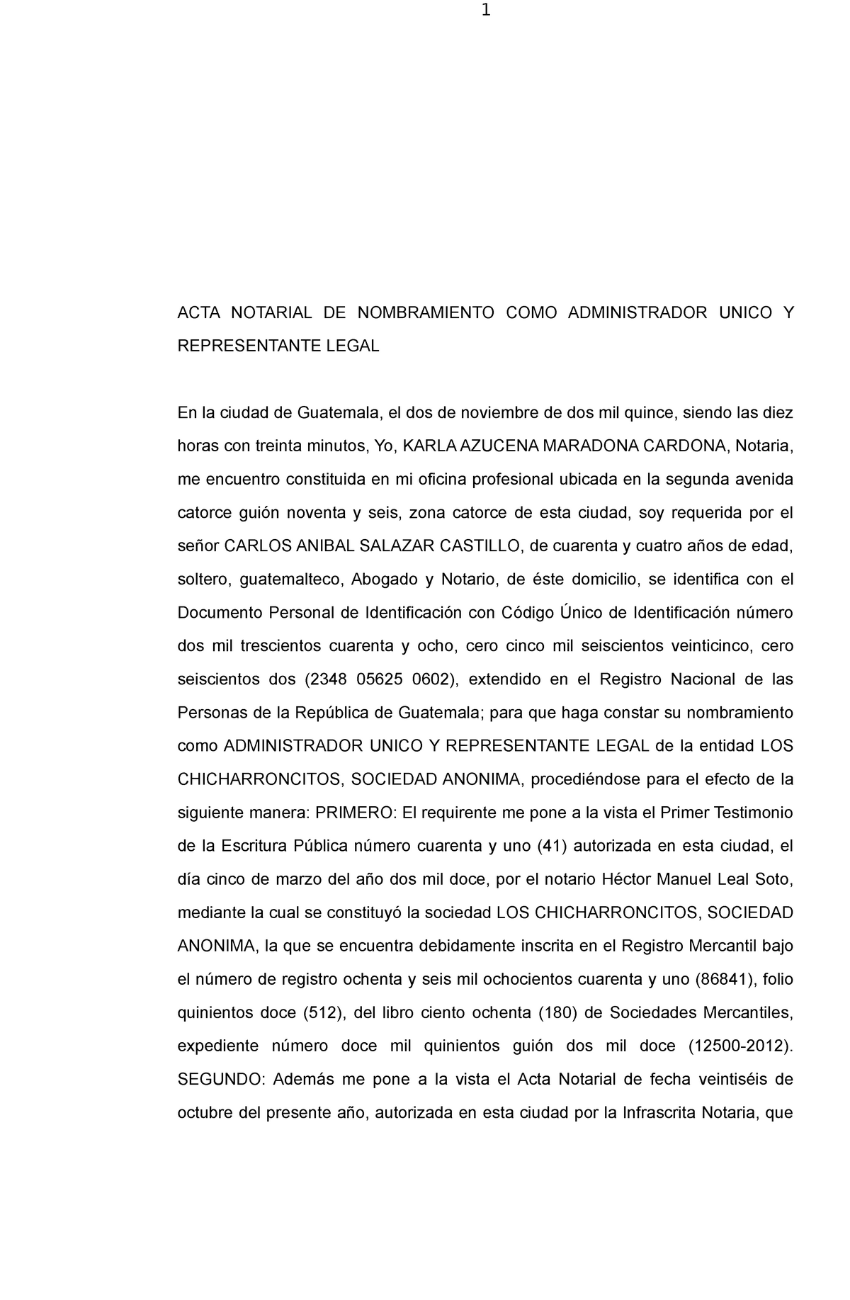 No 27 Acta Notarial De Nombramiento Como Administrador Unico Y