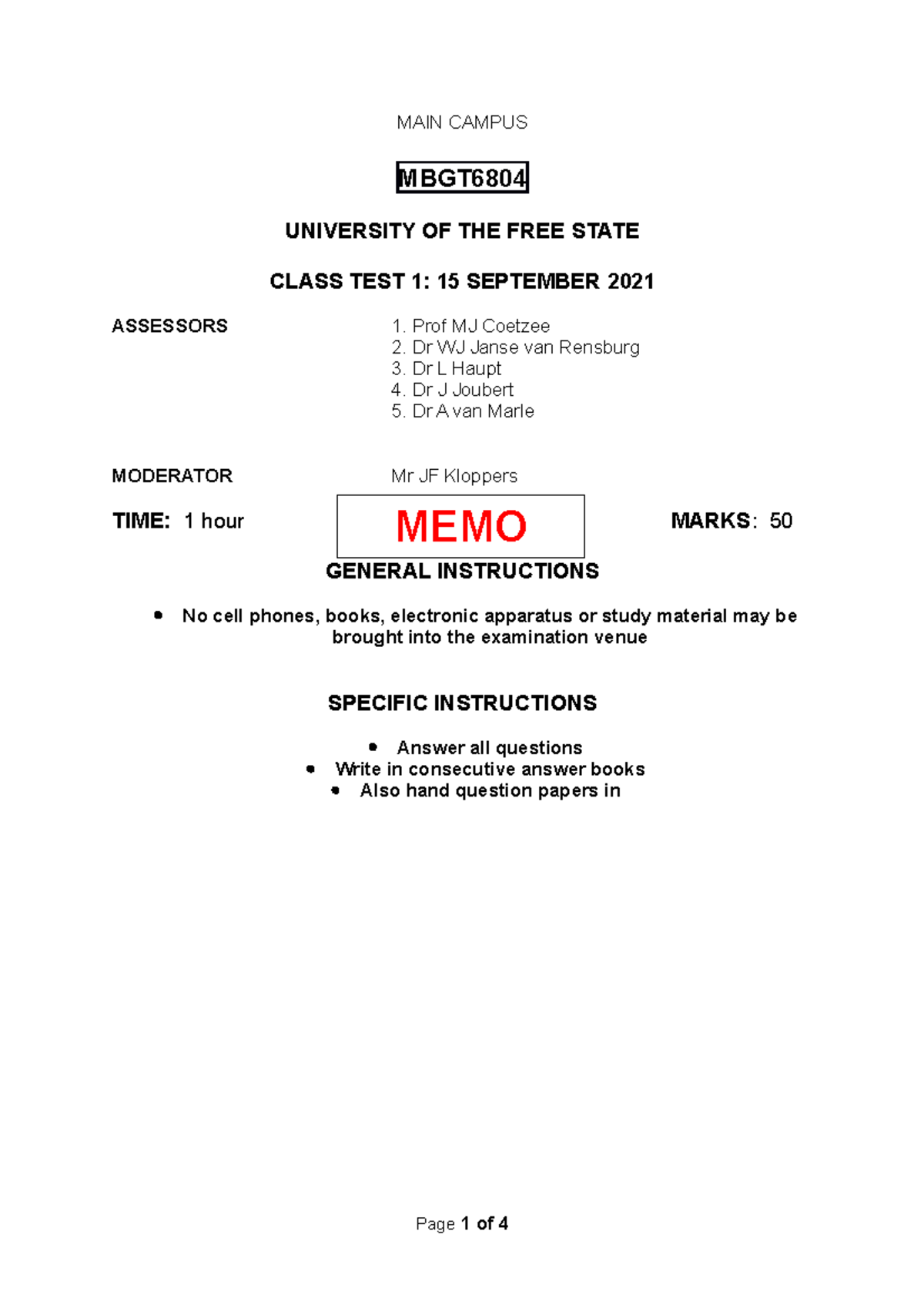 Class Test 15 Sept-21 MEMO modearted JFK - MAIN CAMPUS MBGT UNIVERSITY ...