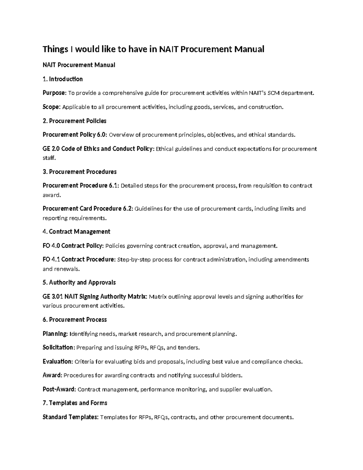 SGMT Discussion 2 - Things I would like to have in NAIT Procurement ...