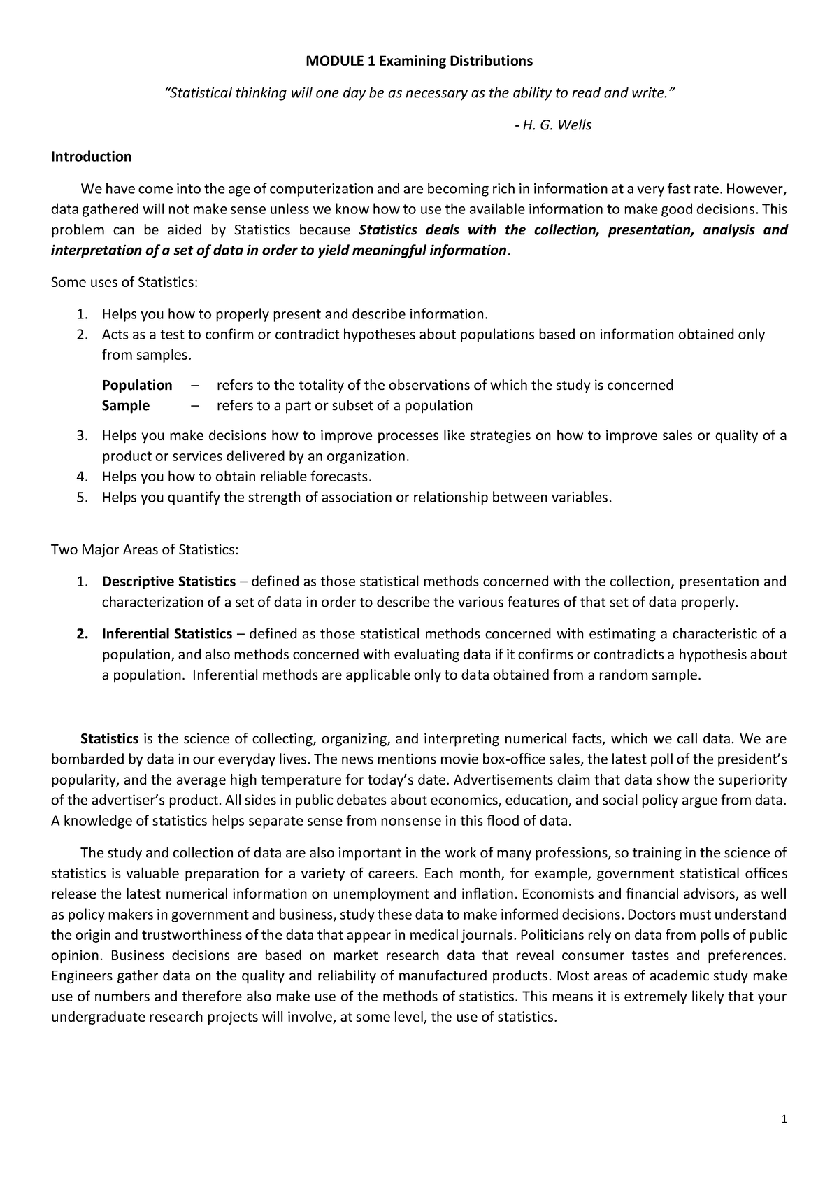 Statistics- Module-1 - stat module - MODULE 1 Examining Distributions ...