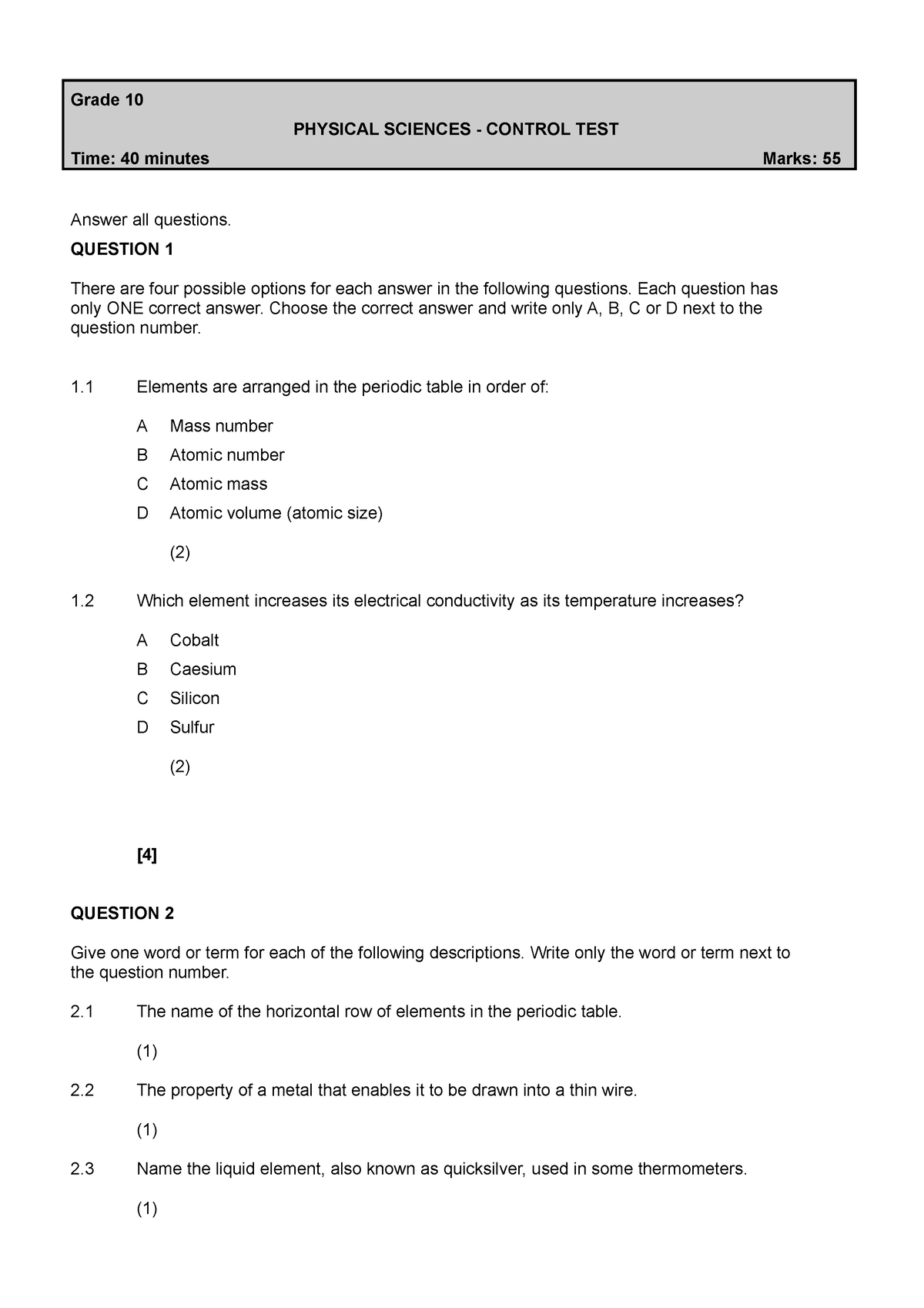 7 term 1 test questions - Controlled 2019 past test 1 paper grade 10 ...