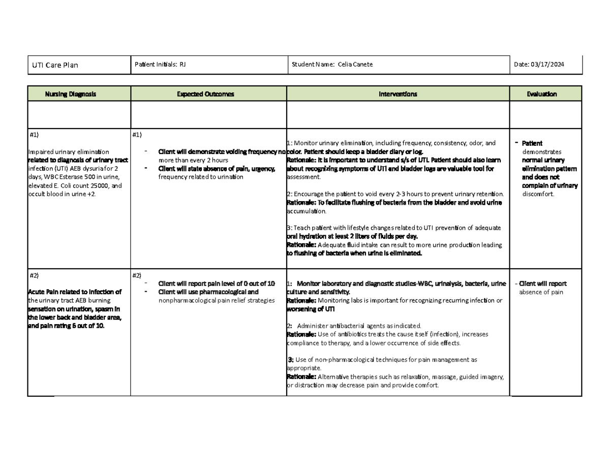 Care plan UTI - task - UTI Care Plan Patient Initials: RJ Student Name ...