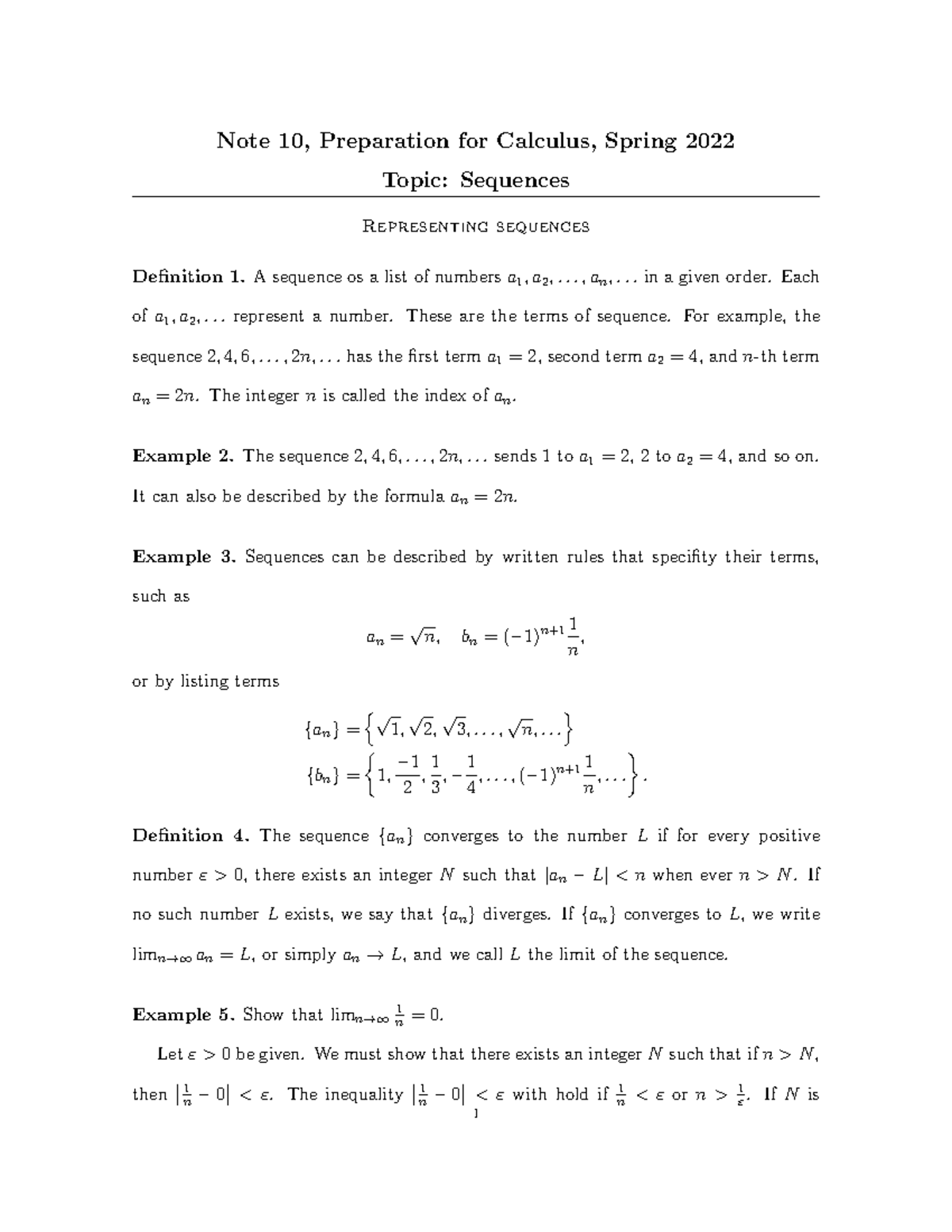Note10 - Sequences, basic encounter - Note 10, Preparation for Calculus ...