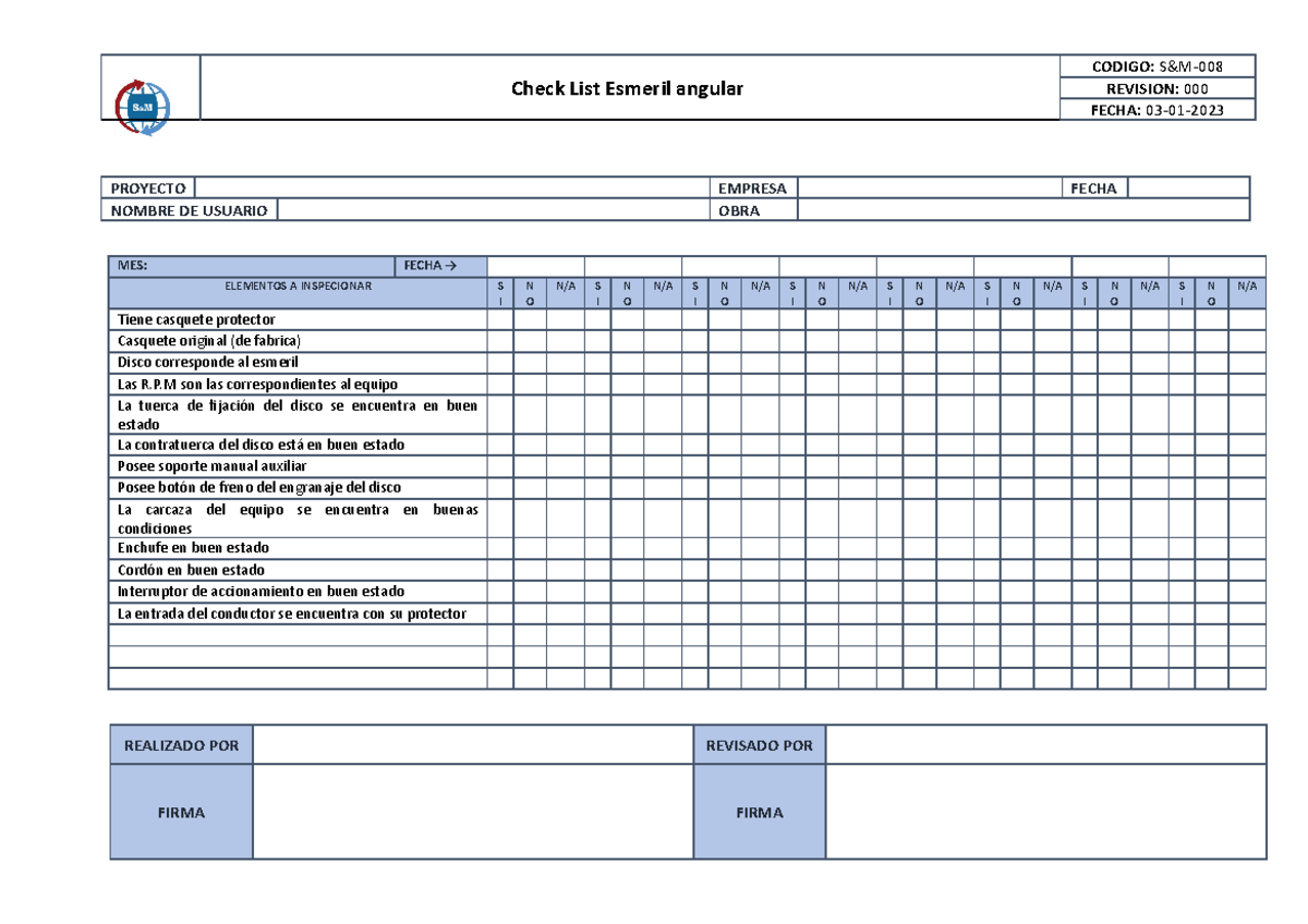 Check List Esmeril Angular Check List Esmeril angular CODIGO S&M