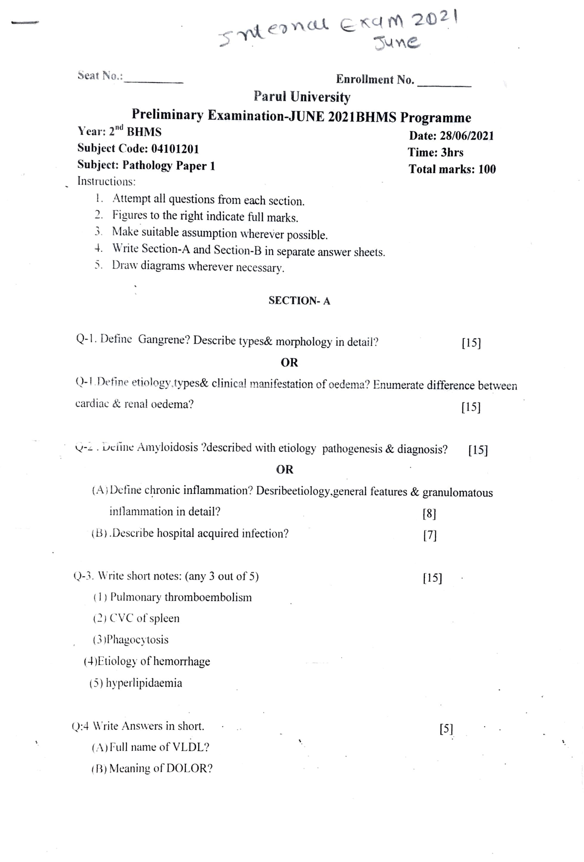 2nd BHMS Internal Exam Paper Pathology 1 June 2021 - Seat No .: _ ___ E ...