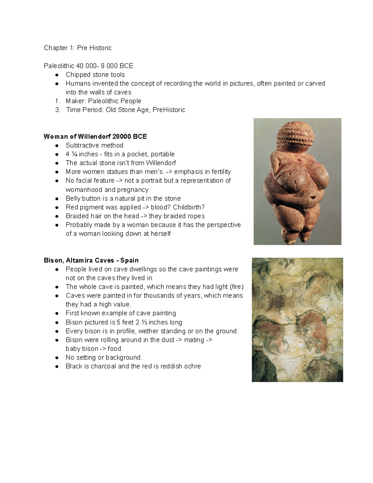 ARTH100 1st Exam Notes - Chapter 1: Pre Historic Paleolithic 40 9 BCE ...