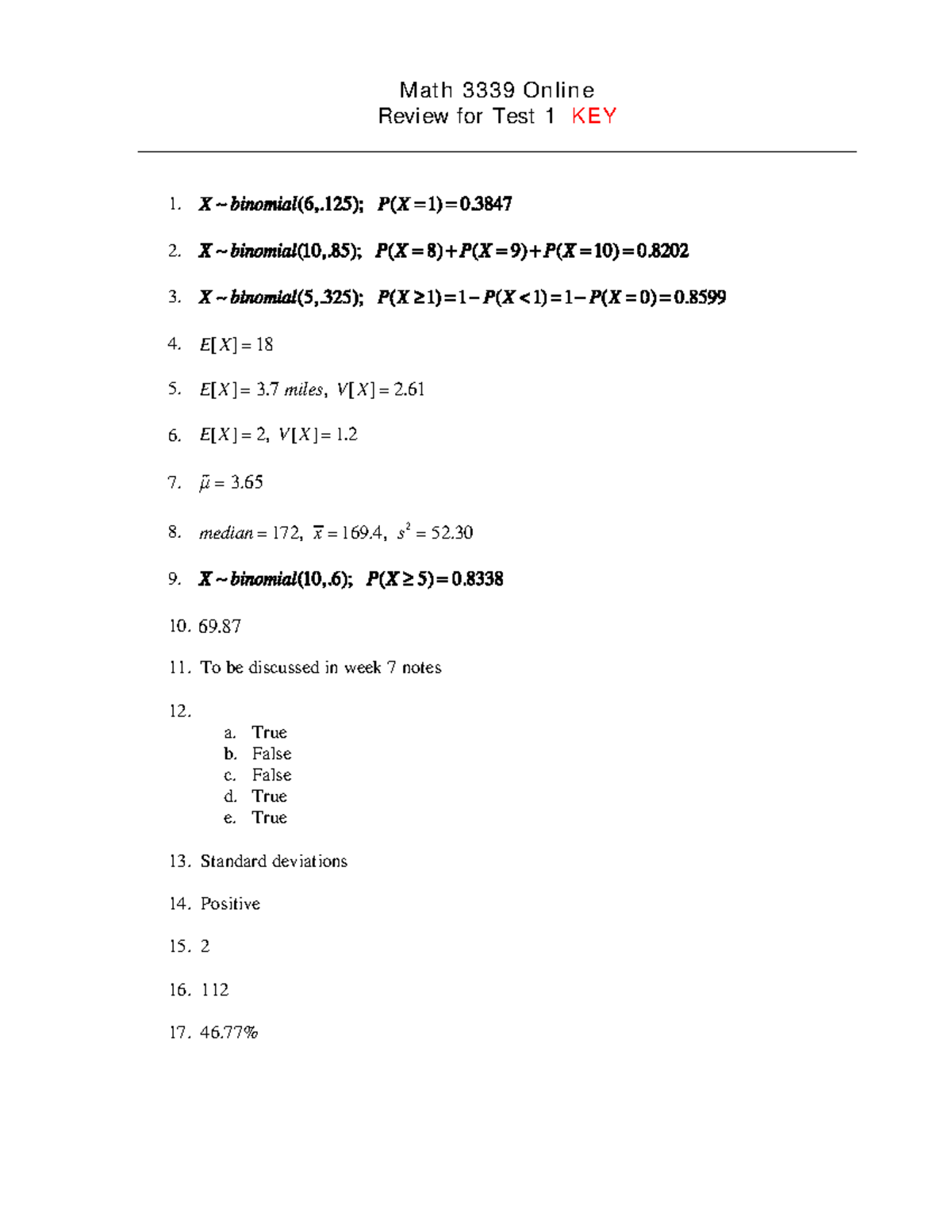 3339Test1Review Key - ref - Math 3339 Online Review for Test 1 KEY 1. 2 ...